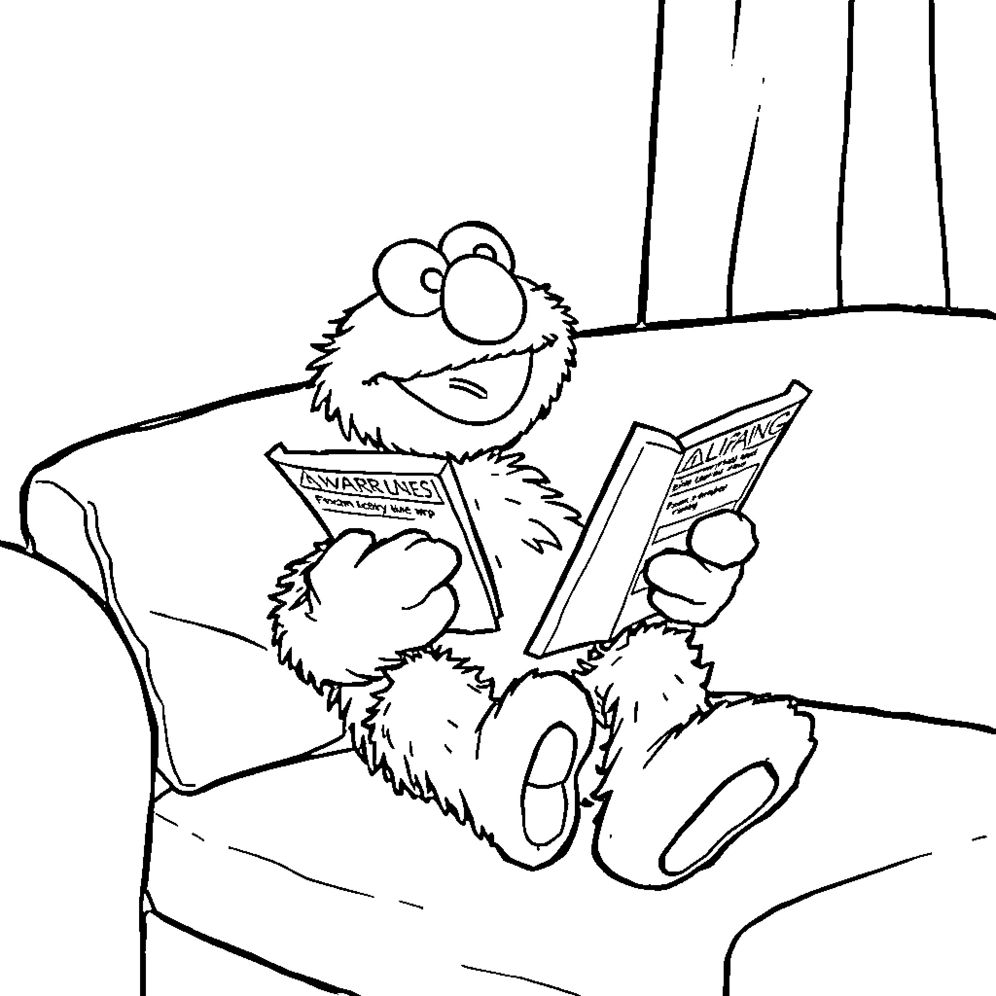 Elmo reading an interesting book on the sofa Coloring Page (free black-and-white line drawing printable PDF for all, from beginners to advanced learners, including children, teens, adults, and seniors)