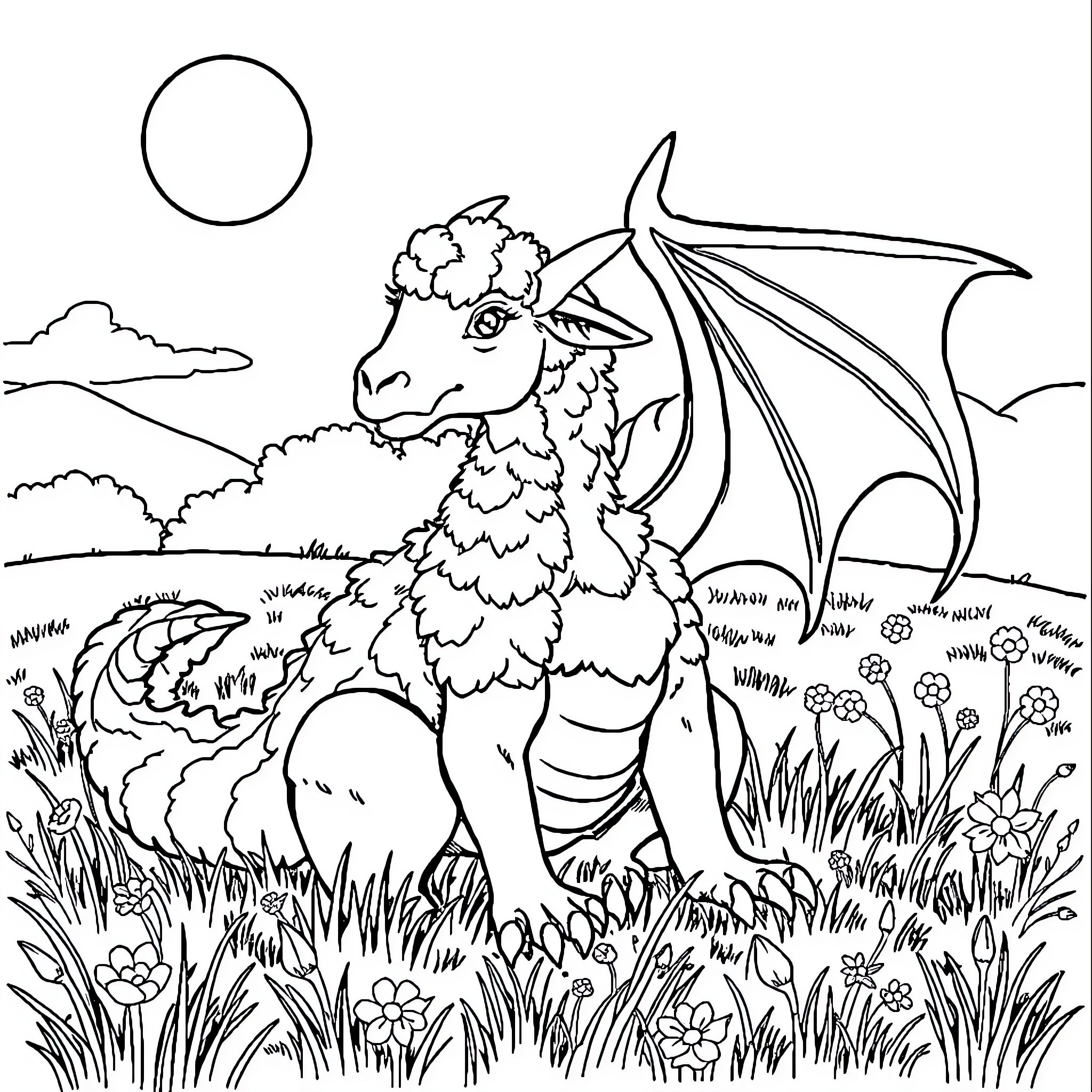 Dragon resting in a flowery meadow Coloring Page (free black-and-white line drawing printable PDF for all, from beginners to advanced learners, including children, teens, adults, and seniors)