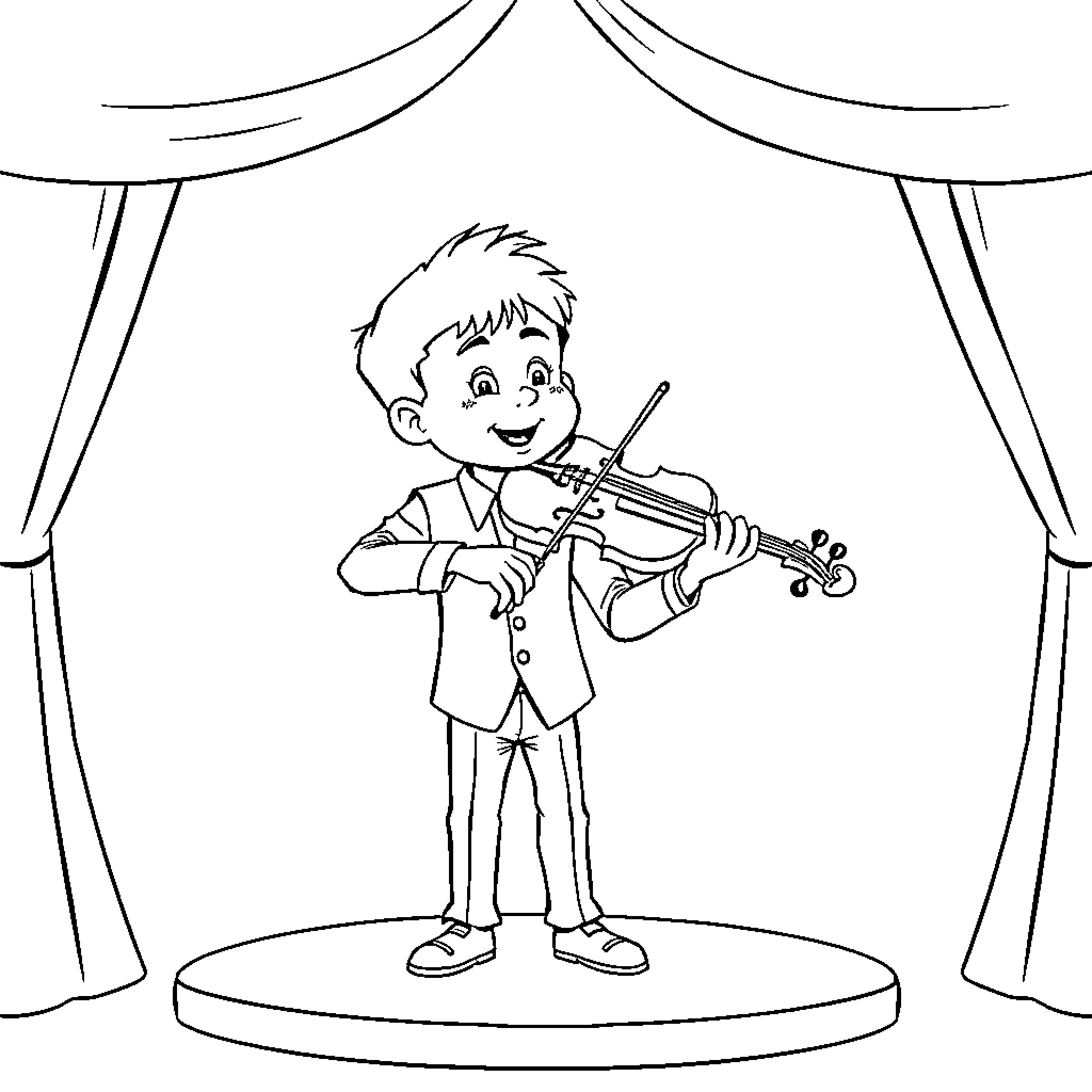 Bing Boy performing violin on stage Coloring Page (free black-and-white line drawing printable PDF for all, from beginners to advanced learners, including children, teens, adults, and seniors)