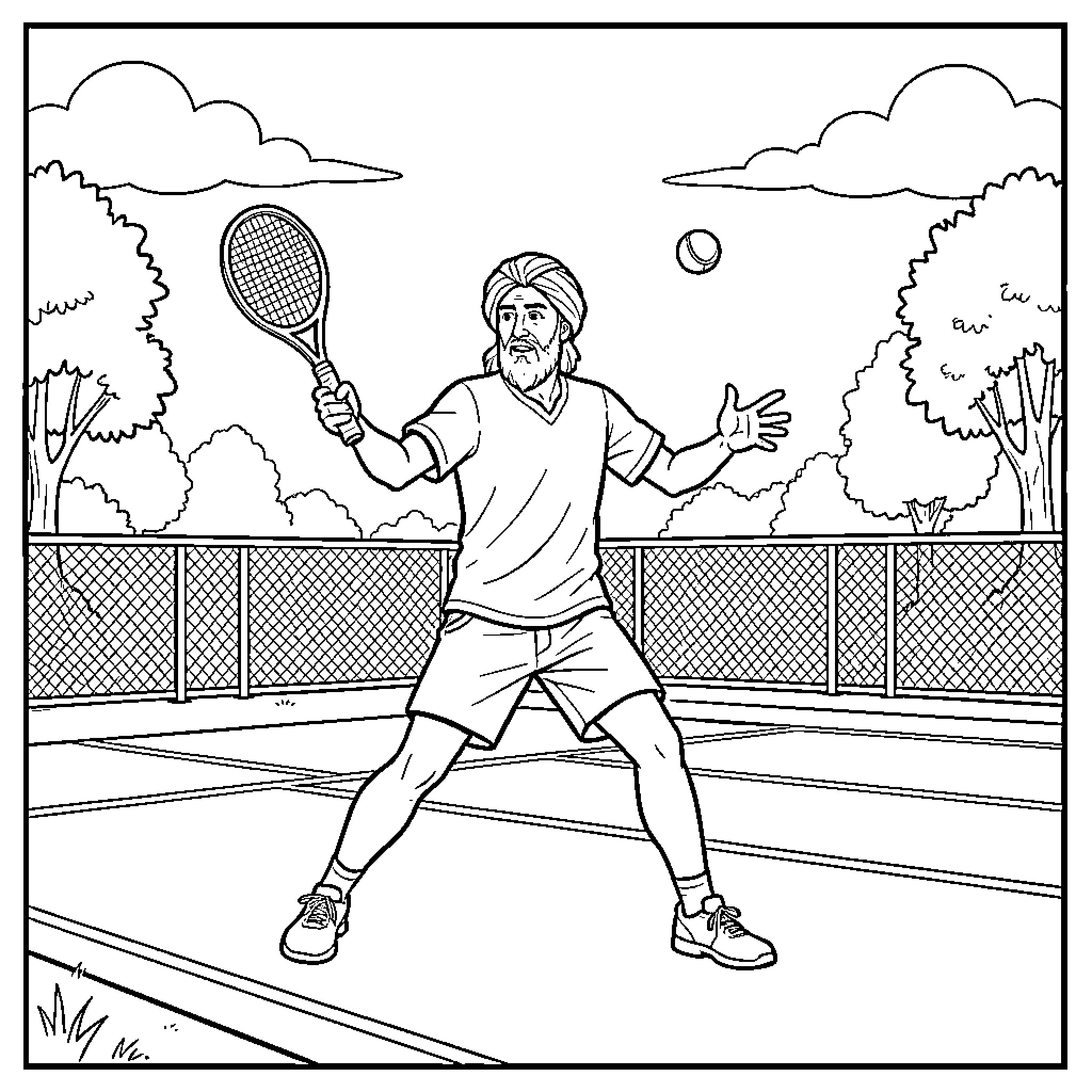 Rumi playing tennis on a court with a racket Coloring Page (free black-and-white line drawing printable PDF for all, from beginners to advanced learners, including children, teens, adults, and seniors)