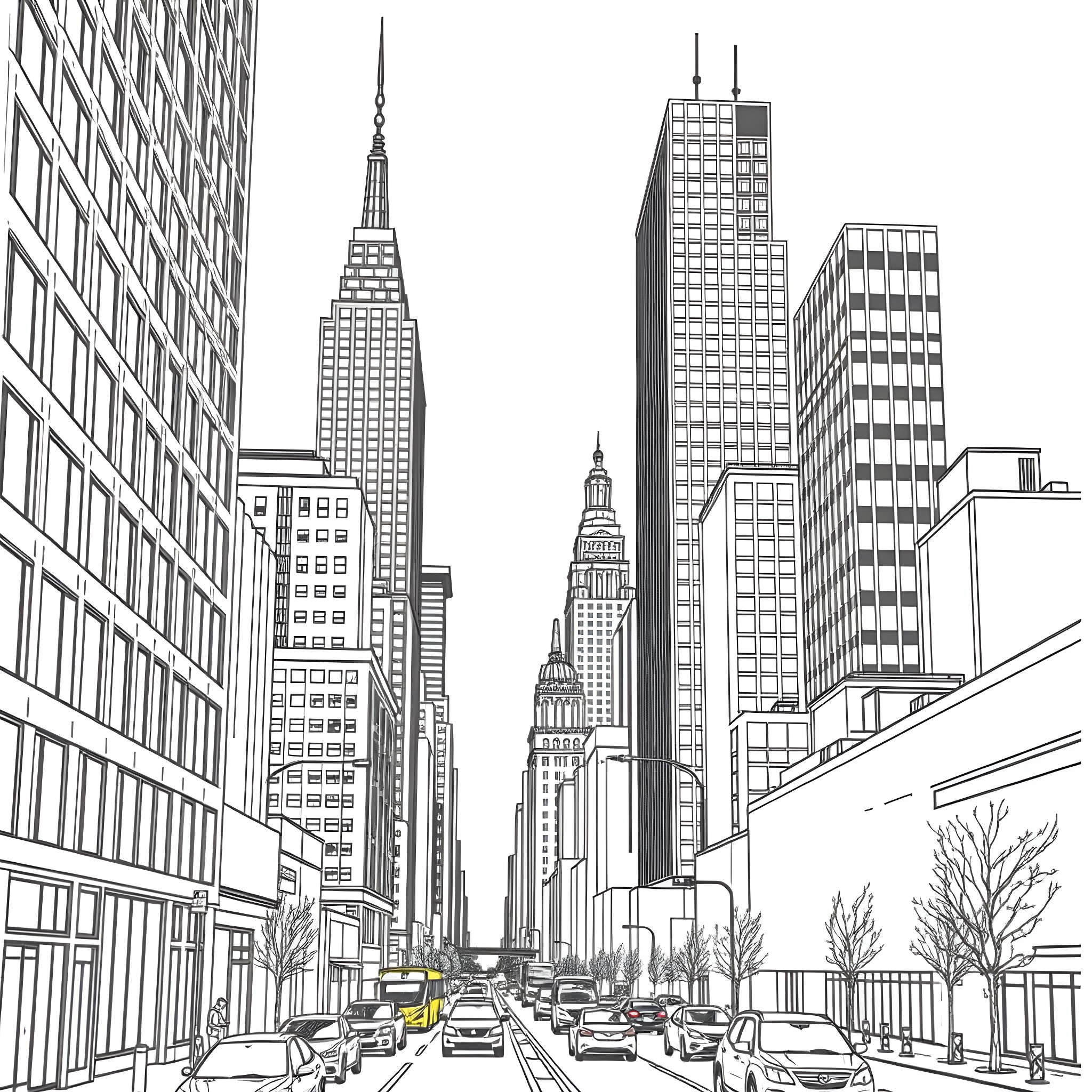 Skyscraper scene with tall buildings and busy traffic Coloring Page (free black-and-white line drawing printable PDF for all, from beginners to advanced learners, including children, teens, adults, and seniors)