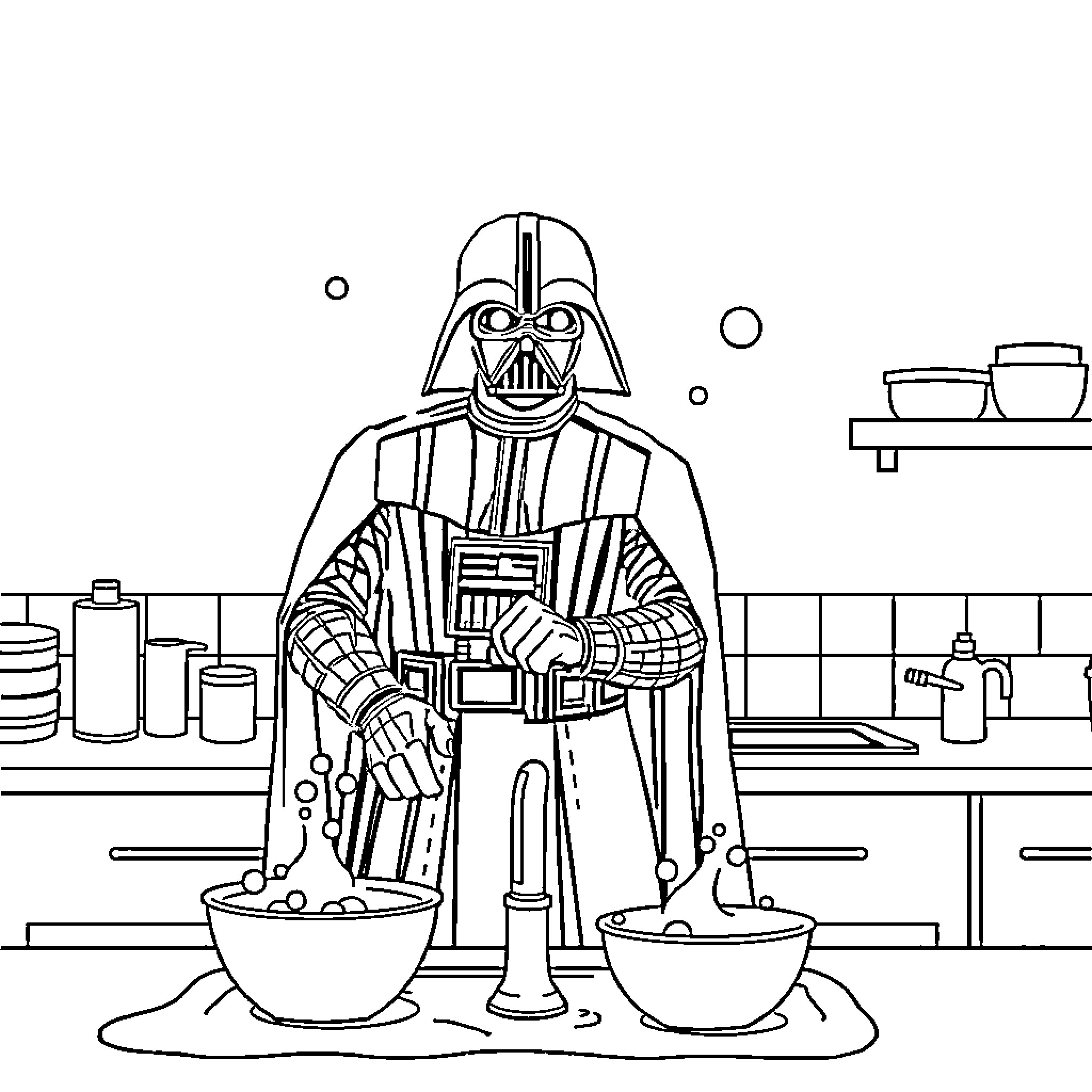 Darth Vader cooking a meal in the kitchen Coloring Page (free black-and-white line drawing printable PDF for all, from beginners to advanced learners, including children, teens, adults, and seniors)