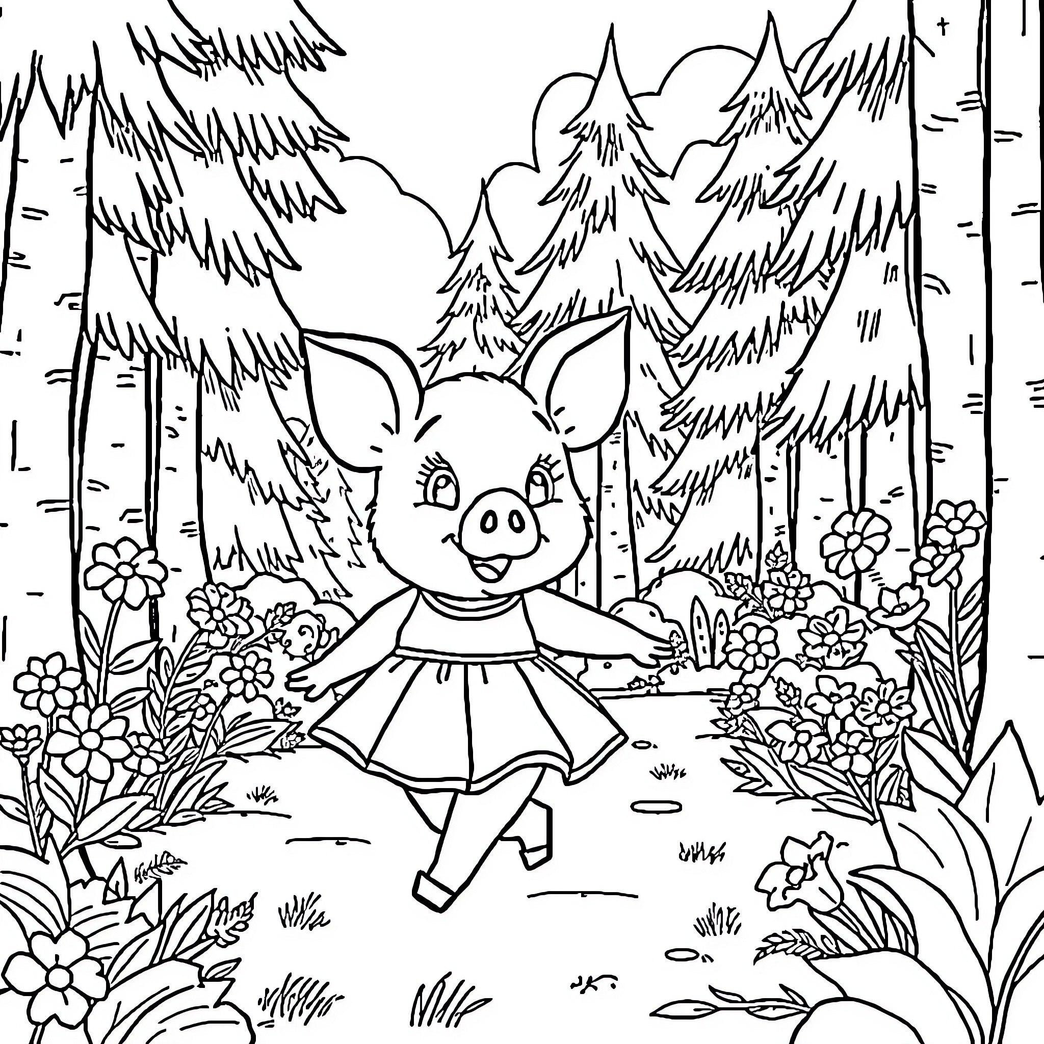 Pig dancing joyfully in enchanted forest Coloring Page (free black-and-white line drawing printable PDF for all, from beginners to advanced learners, including children, teens, adults, and seniors)