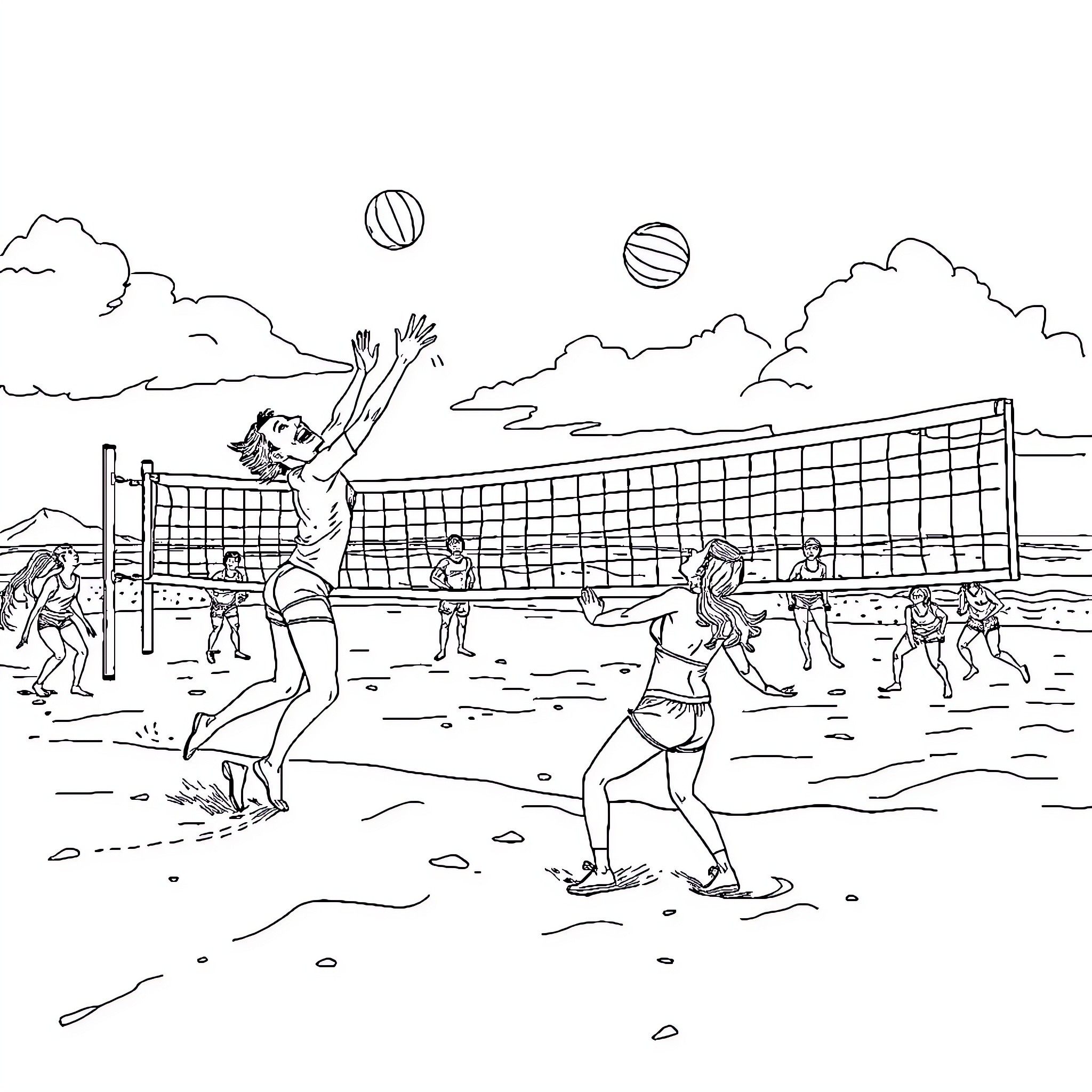 Volleyball players engaged in an outdoor game Coloring Page (free black-and-white line drawing printable PDF for all, from beginners to advanced learners, including children, teens, adults, and seniors)