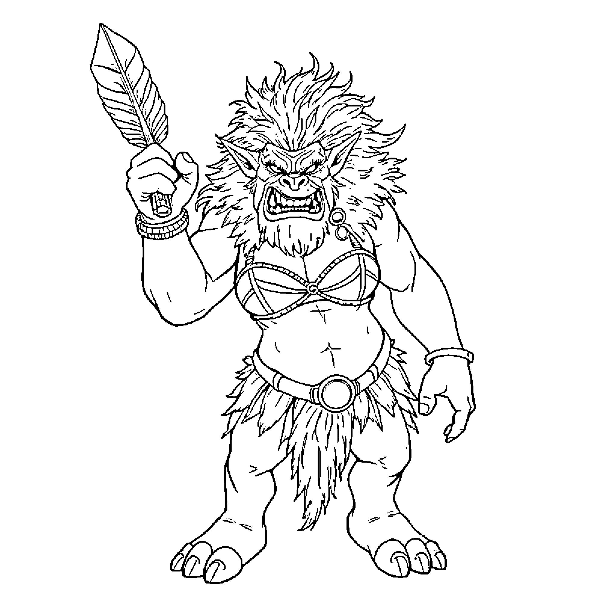 Orc Warrior Brandishing Weapon in Battle Stance Coloring Page (free black-and-white line drawing printable PDF for all, from beginners to advanced learners, including children, teens, adults, and seniors)