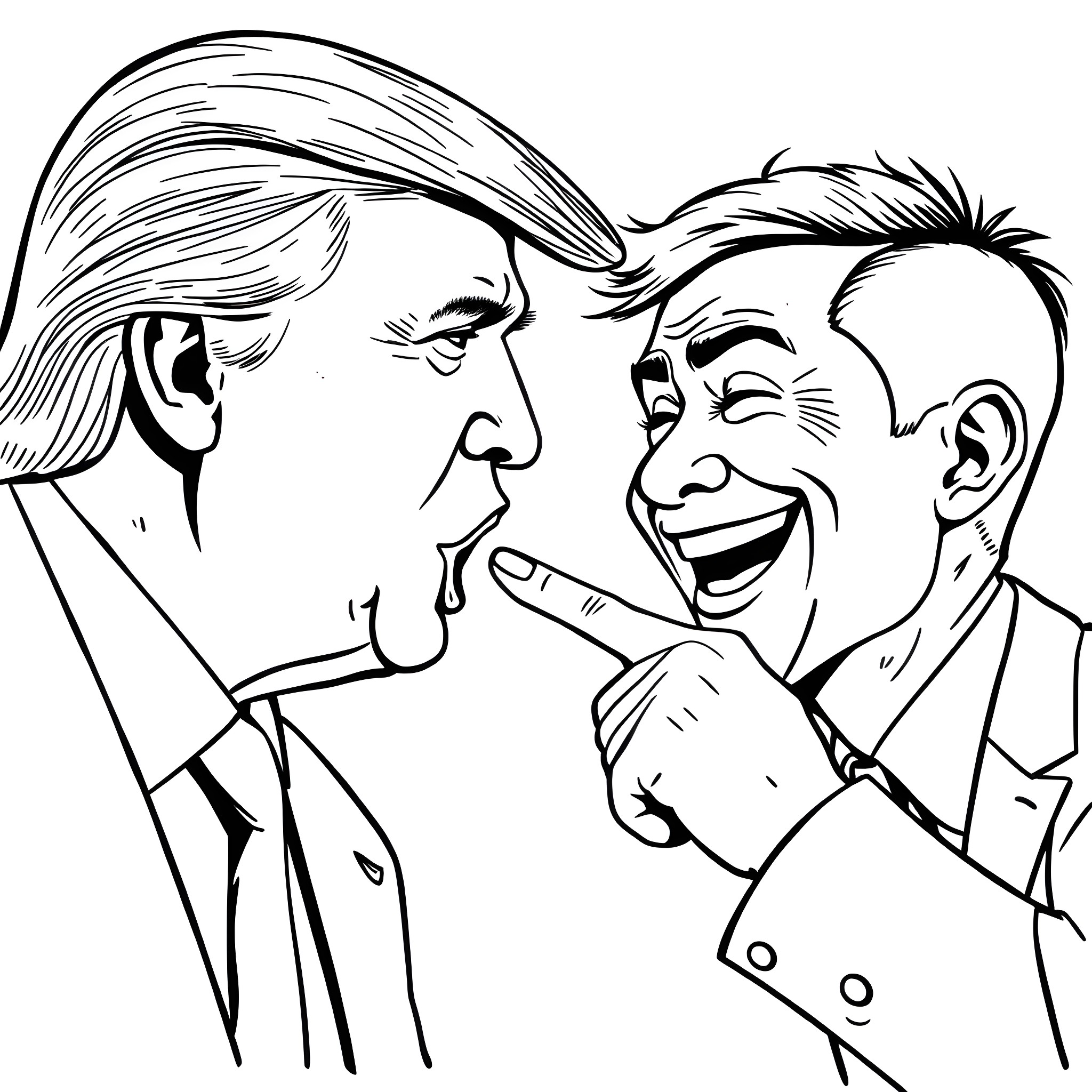 Donald Trump and Man Having a Heated Conversation Coloring Page (free black-and-white line drawing printable PDF for all, from beginners to advanced learners, including children, teens, adults, and seniors)