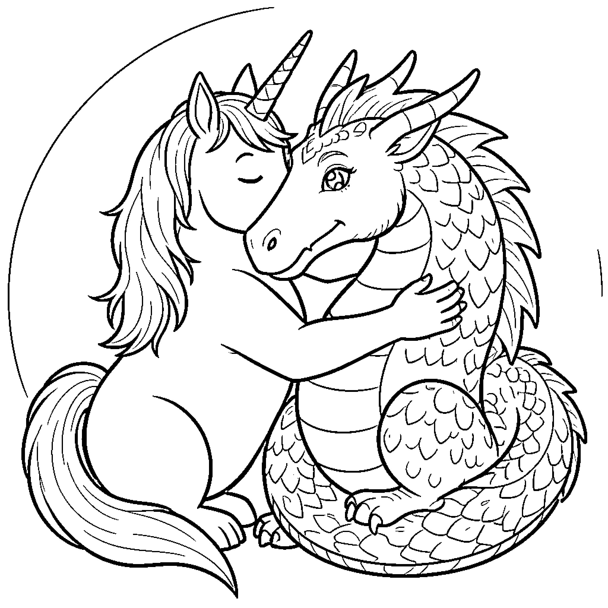 Licorne giving a warm hug to a friendly dragon Coloring Page (free black-and-white line drawing printable PDF for all, from beginners to advanced learners, including children, teens, adults, and seniors)