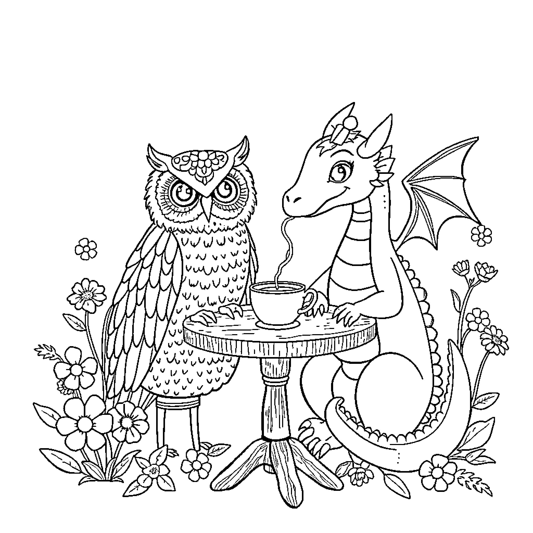 Owl and Dragon Having Tea Party in Floral Garden Coloring Page (free black-and-white line drawing printable PDF for all, from beginners to advanced learners, including children, teens, adults, and seniors)