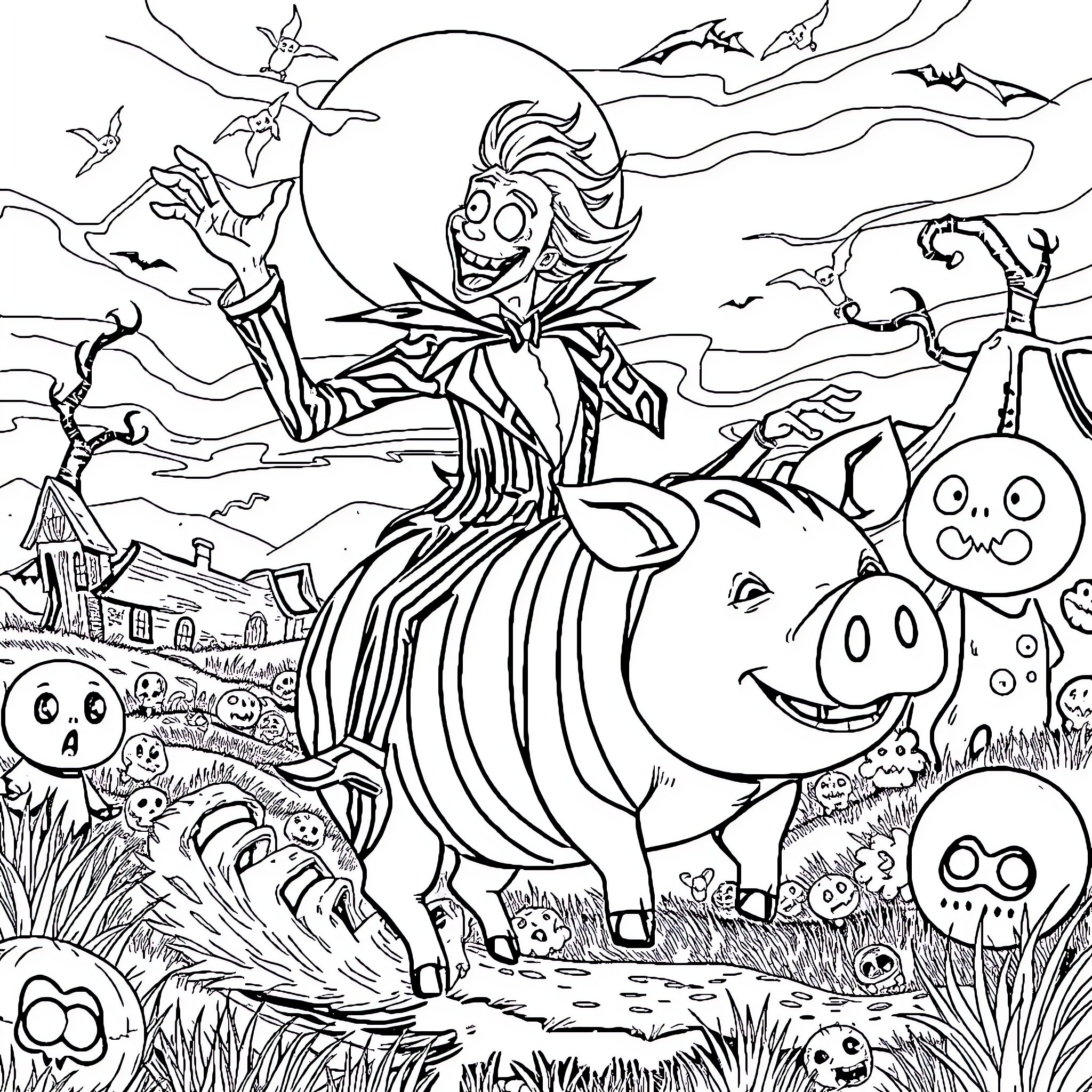 Beetlejuice's Bizarre Halloween Adventure Coloring Page (free black-and-white line drawing printable PDF for all, from beginners to advanced learners, including children, teens, adults, and seniors)
