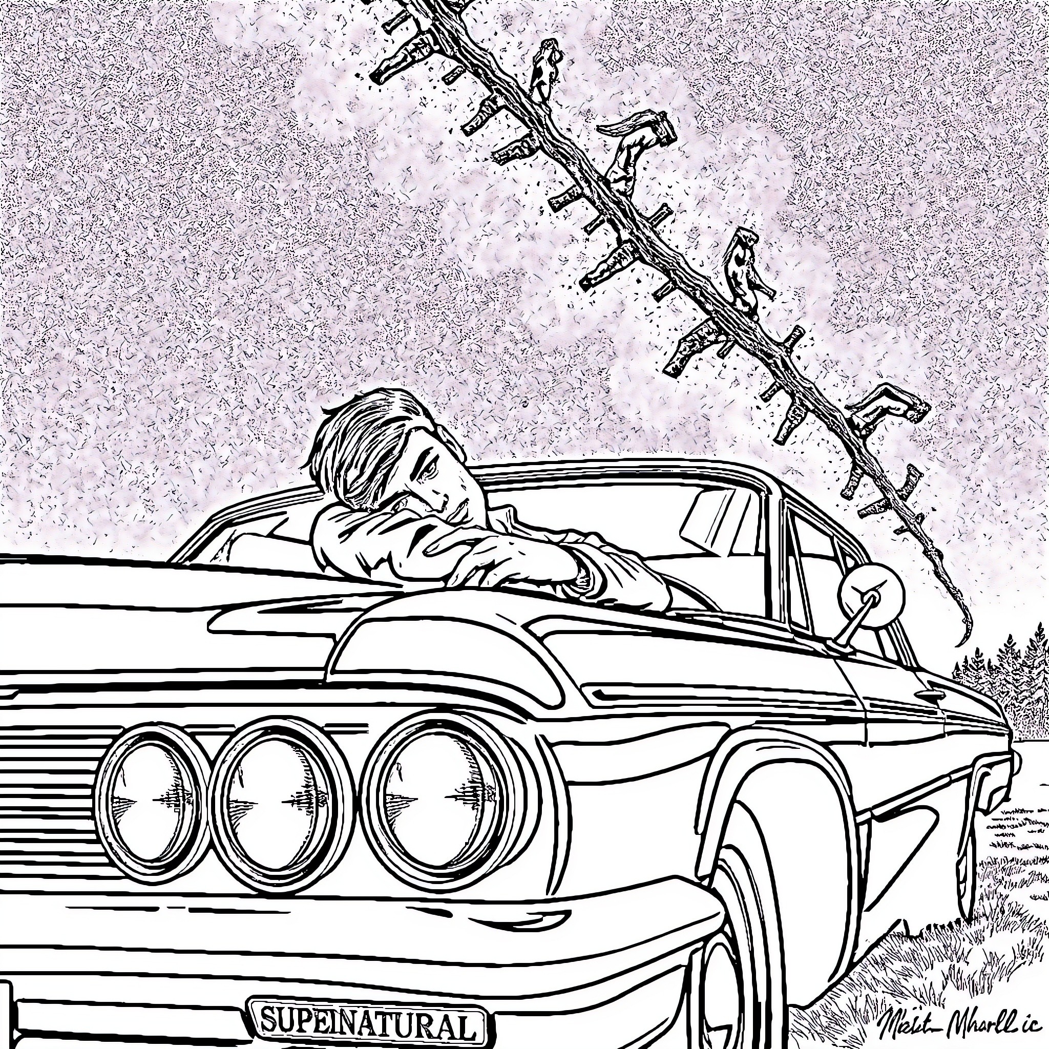 Dean's Supernatural Journey: Resting in His Iconic Car Coloring Page (free black-and-white line drawing printable PDF for all, from beginners to advanced learners, including children, teens, adults, and seniors)