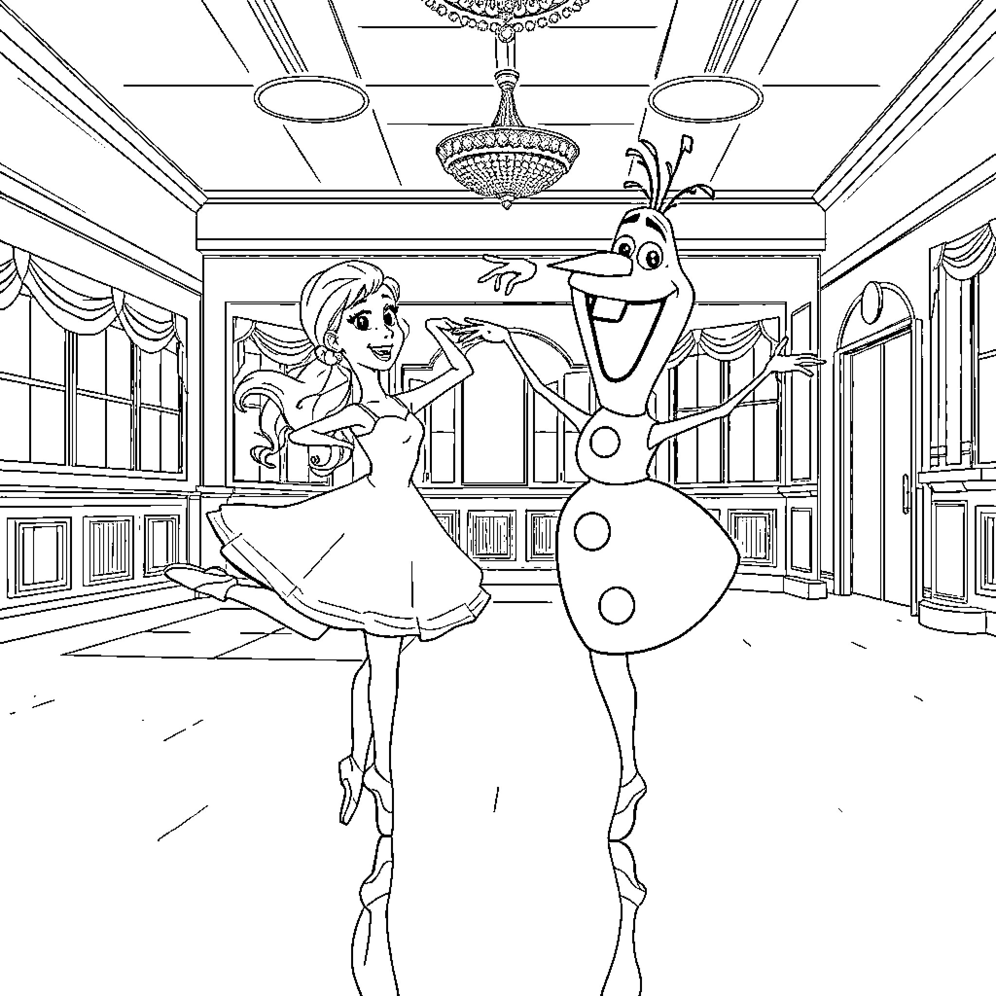 Ella and Olaf dancing in a palace ballroom Coloring Page (free black-and-white line drawing printable PDF for all, from beginners to advanced learners, including children, teens, adults, and seniors)