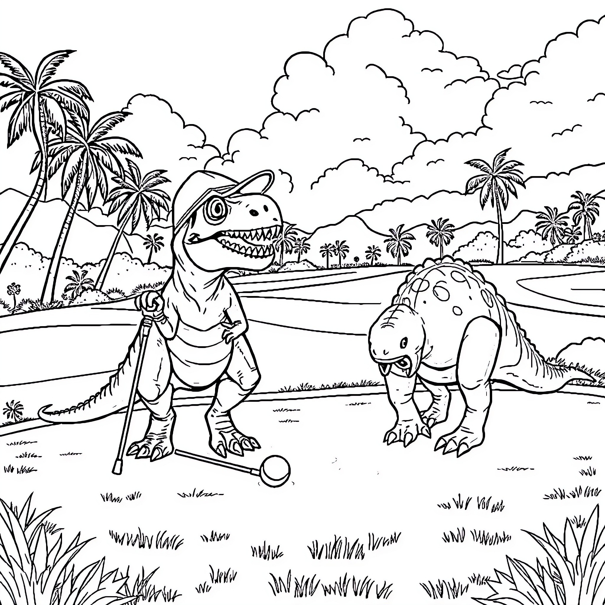 Dinosaurs playing cheerfully in lush tropical landscape Coloring Page (free black-and-white line drawing printable PDF for all, from beginners to advanced learners, including children, teens, adults, and seniors)