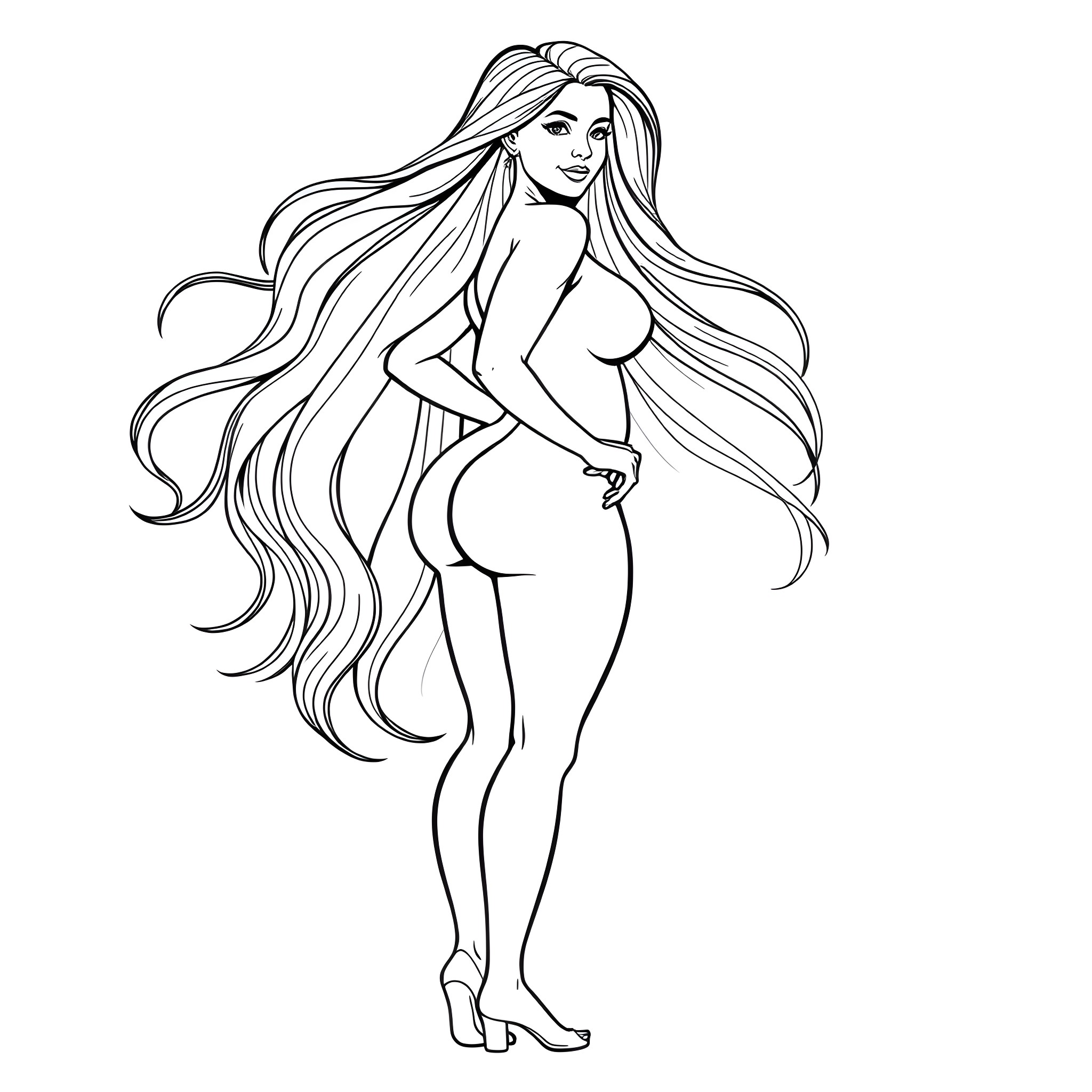 Woman with flowing hair posing confidently Coloring Page (free black-and-white line drawing printable PDF for all, from beginners to advanced learners, including children, teens, adults, and seniors)