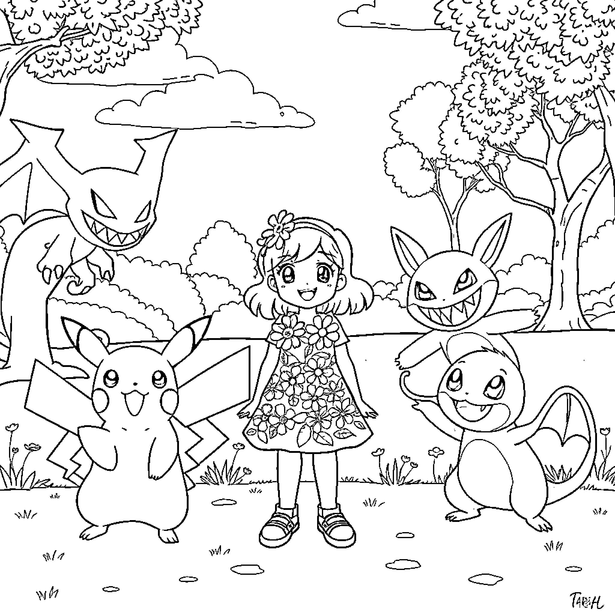 Girl surrounded by cheerful Pokemon in a forest Coloring Page (free black-and-white line drawing printable PDF for all, from beginners to advanced learners, including children, teens, adults, and seniors)