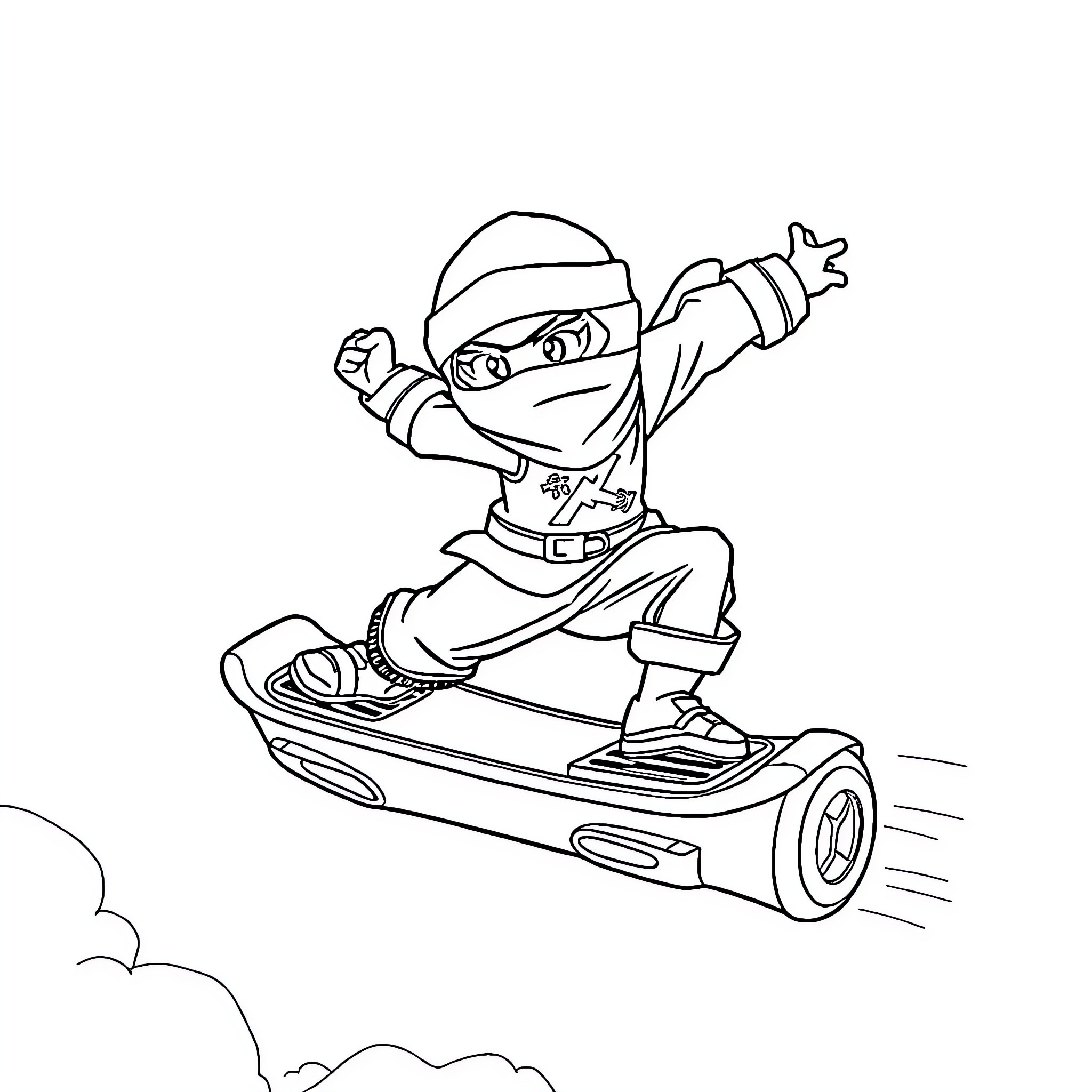 Ninjago ninja riding a hoverboard Coloring Page (free black-and-white line drawing printable PDF for all, from beginners to advanced learners, including children, teens, adults, and seniors)