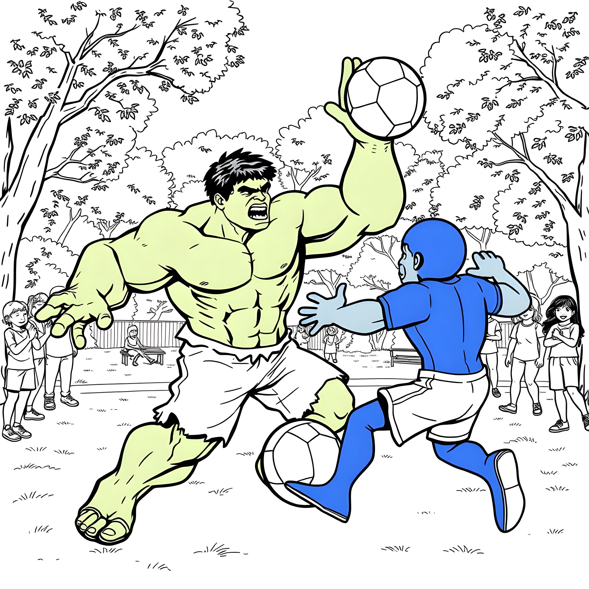 Hulk Plays Soccer with Blue Superhero in Park Coloring Page (free black-and-white line drawing printable PDF for all, from beginners to advanced learners, including children, teens, adults, and seniors)
