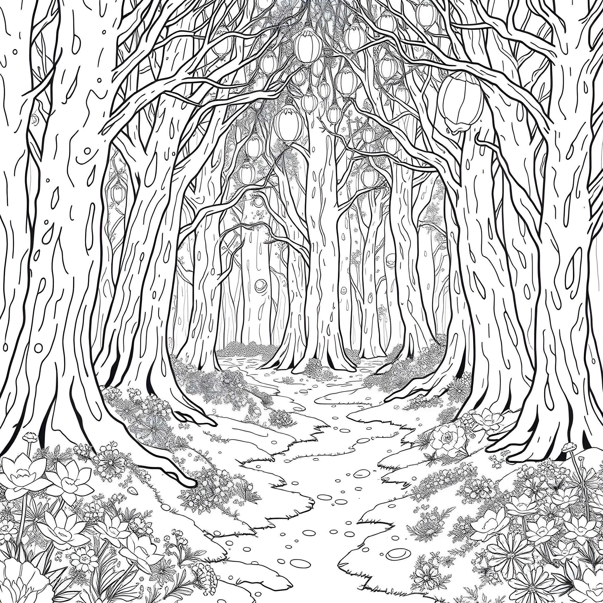 Forest with Winding Path and Mystical Scenery Coloring Page (free black-and-white line drawing printable PDF for all, from beginners to advanced learners, including children, teens, adults, and seniors)