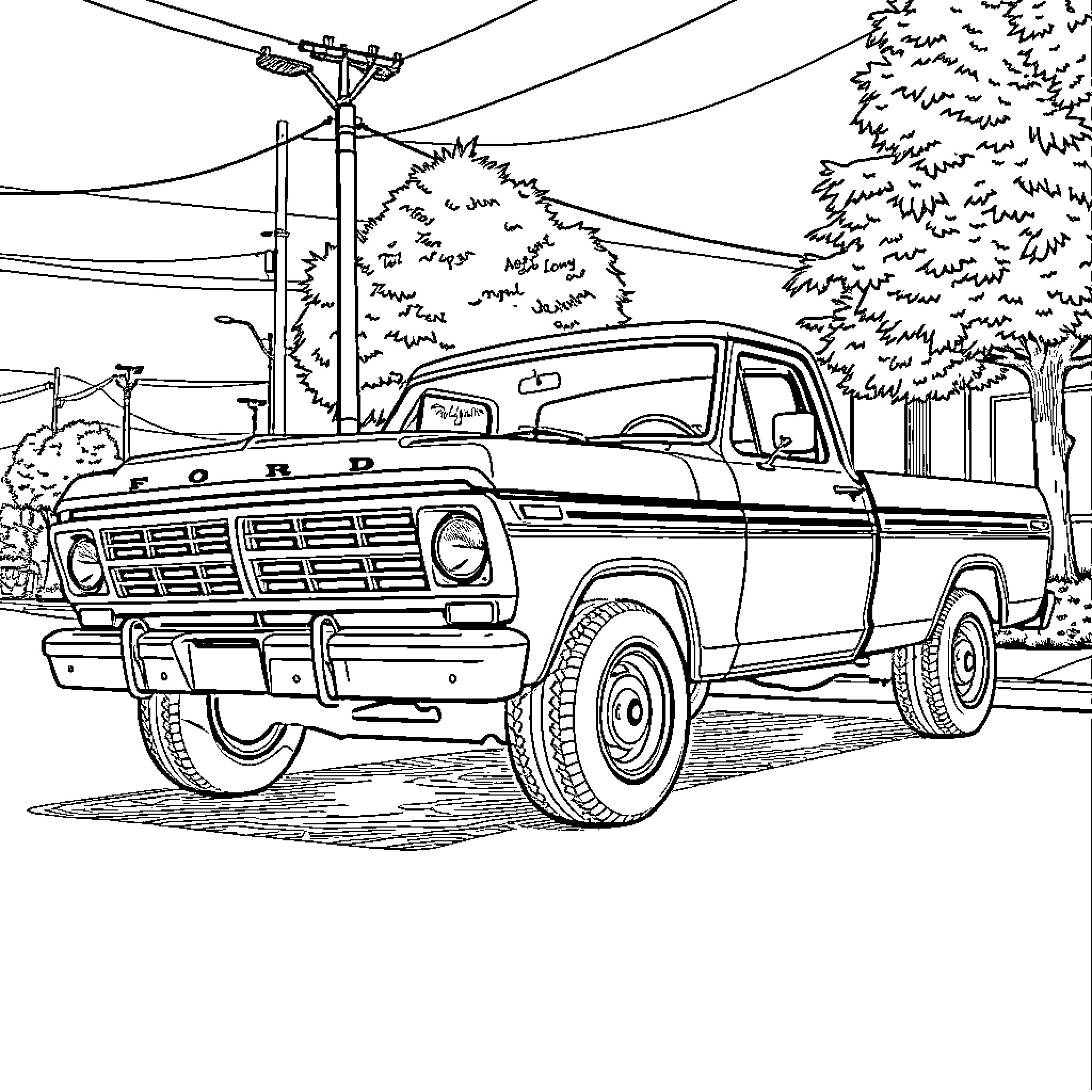 Ford F250 truck parked in rural setting Coloring Page (free black-and-white line drawing printable PDF for all, from beginners to advanced learners, including children, teens, adults, and seniors)