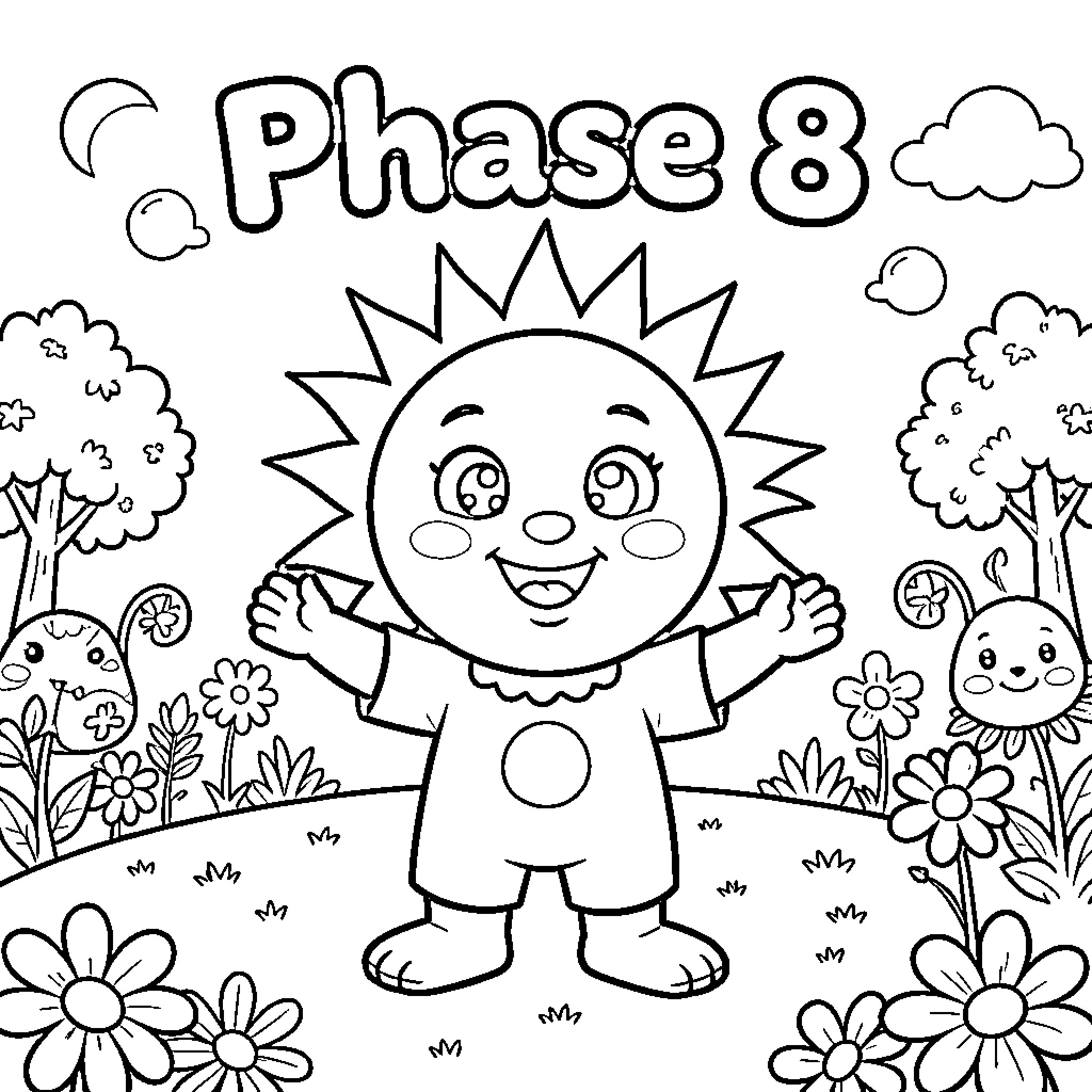 Sun shining brightly in cheerful garden scene Coloring Page (free black-and-white line drawing printable PDF for all, from beginners to advanced learners, including children, teens, adults, and seniors)