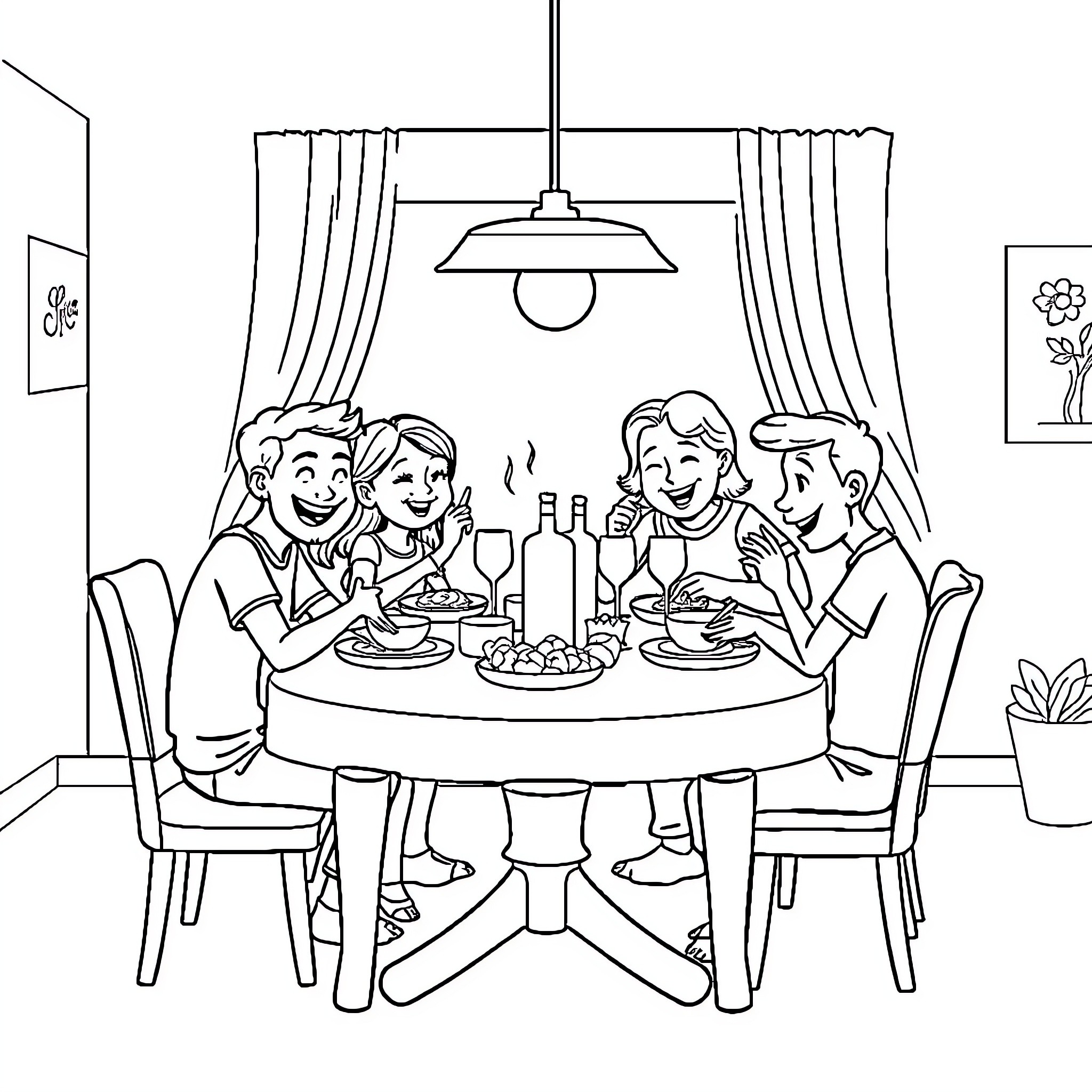 Family Enjoying a Cozy Meal Together Coloring Page (free black-and-white line drawing printable PDF for all, from beginners to advanced learners, including children, teens, adults, and seniors)