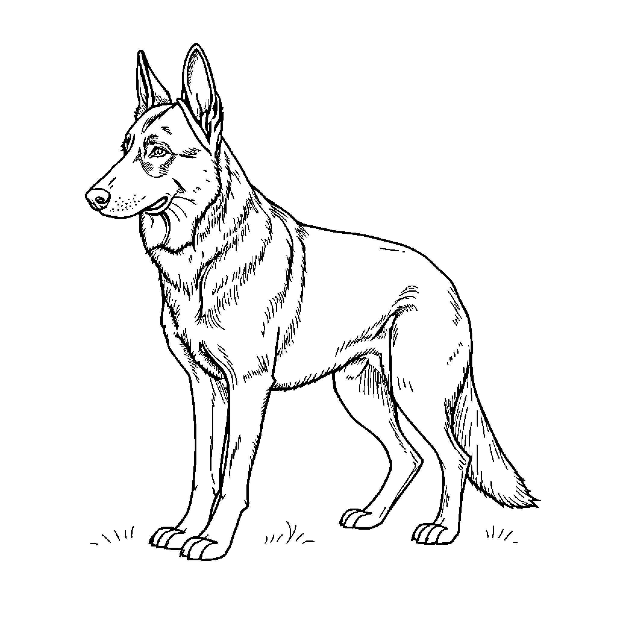 German Shepherd standing alert and attentive Coloring Page (free black-and-white line drawing printable PDF for all, from beginners to advanced learners, including children, teens, adults, and seniors)