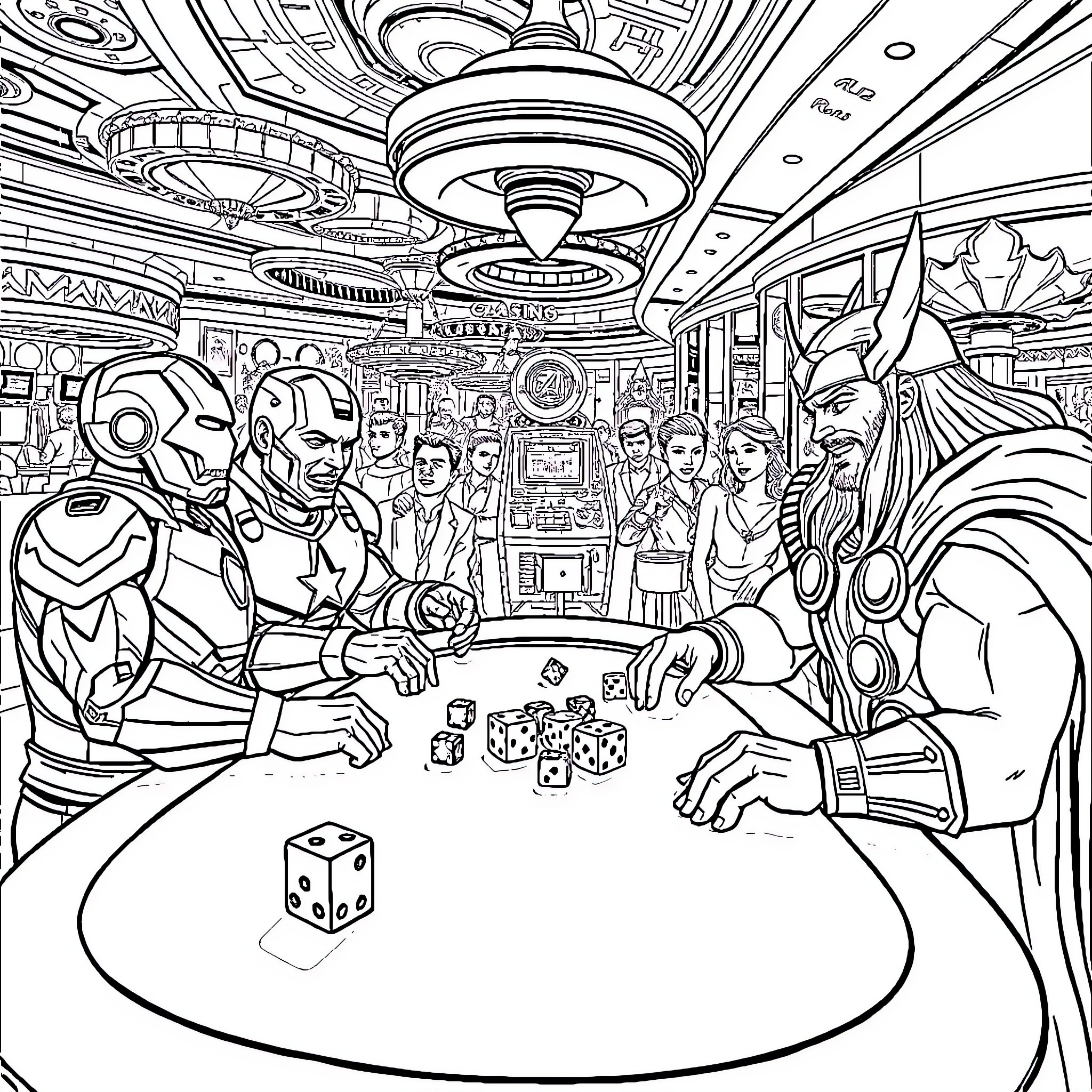 Avenger heroes assembling for a strategic game Coloring Page (free black-and-white line drawing printable PDF for all, from beginners to advanced learners, including children, teens, adults, and seniors)