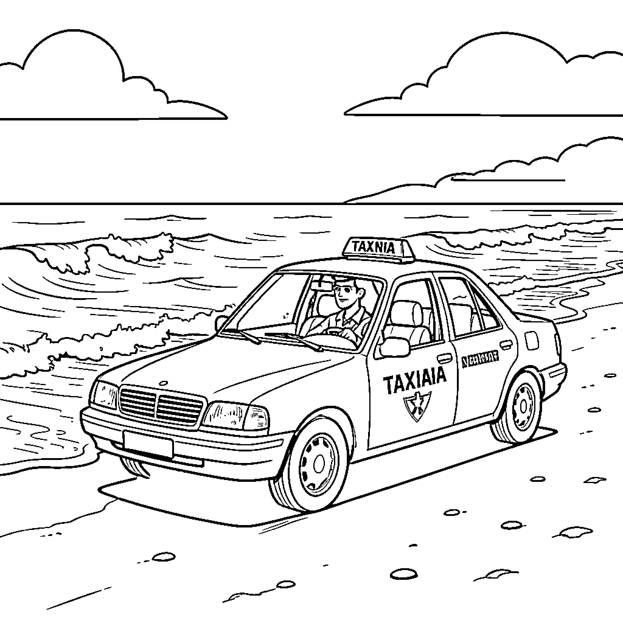 Taxista driving taxi through beach scene Coloring Page (free black-and-white line drawing printable PDF for all, from beginners to advanced learners, including children, teens, adults, and seniors)