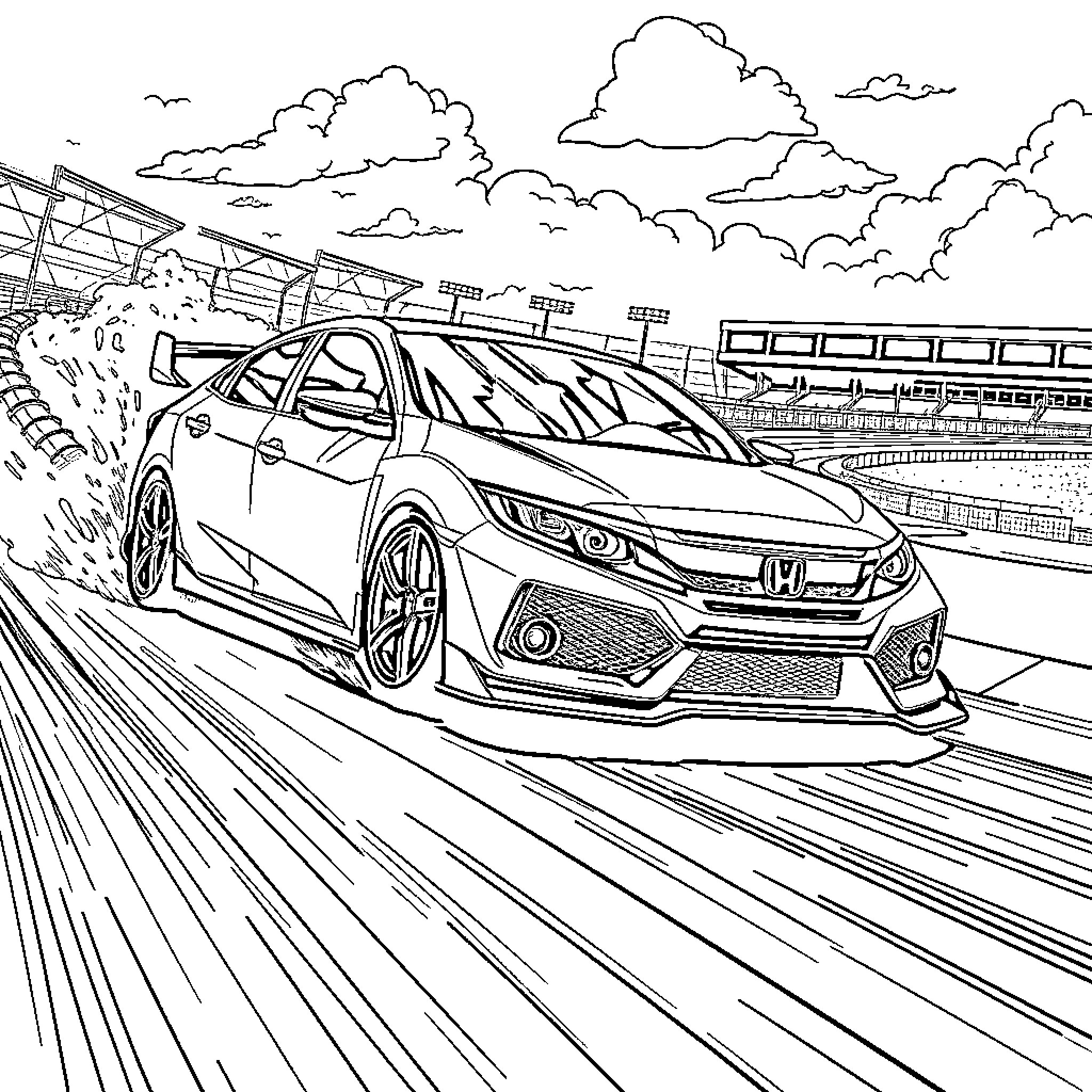 Honda car speeding on racetrack with clouds Coloring Page (free black-and-white line drawing printable PDF for all, from beginners to advanced learners, including children, teens, adults, and seniors)