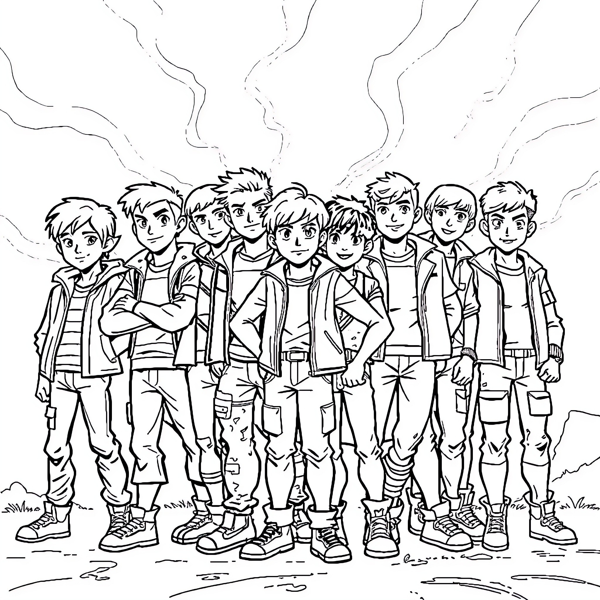 Boys posing together in casual outfits Coloring Page (free black-and-white line drawing printable PDF for all, from beginners to advanced learners, including children, teens, adults, and seniors)