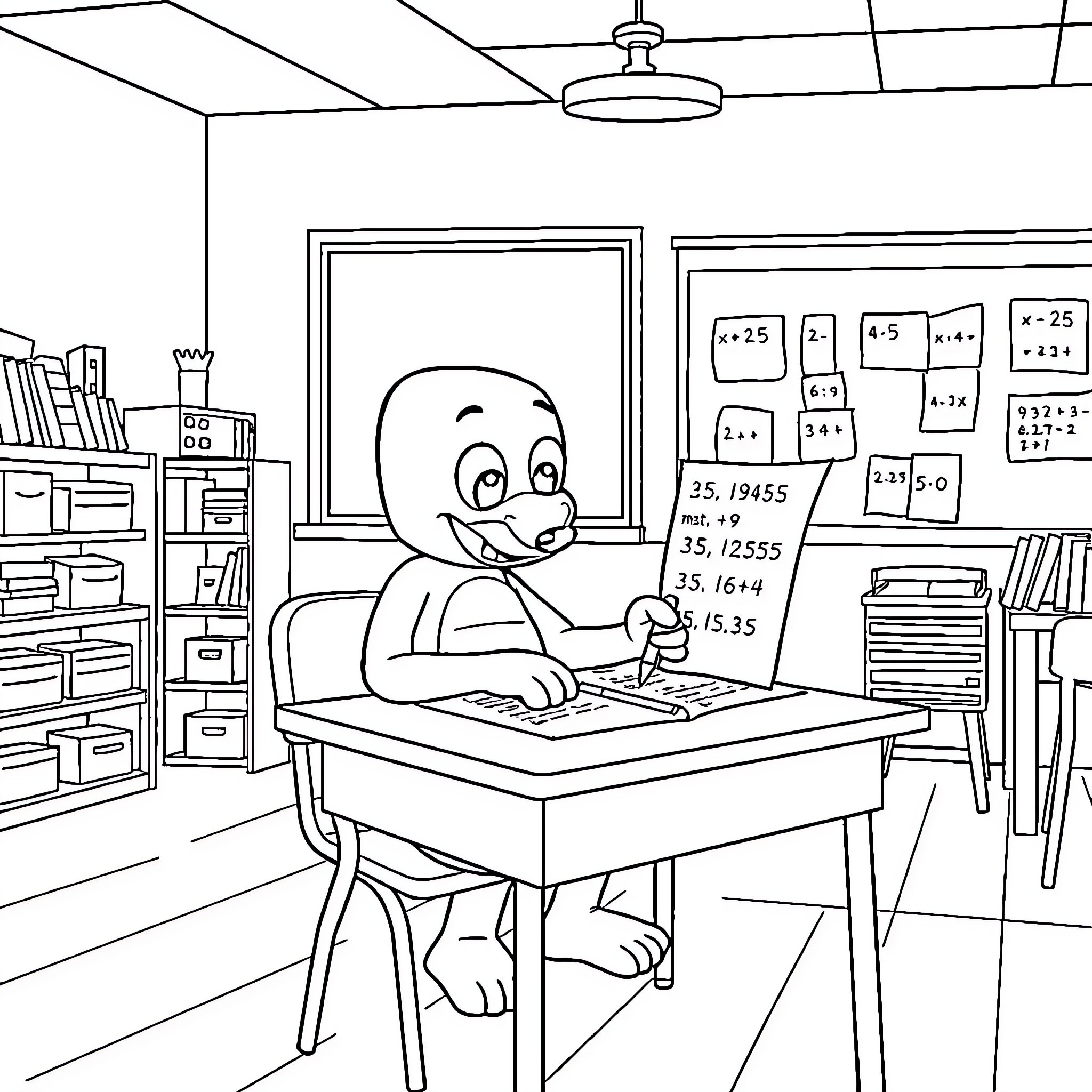 Bluey studying diligently in the classroom Coloring Page (free black-and-white line drawing printable PDF for all, from beginners to advanced learners, including children, teens, adults, and seniors)