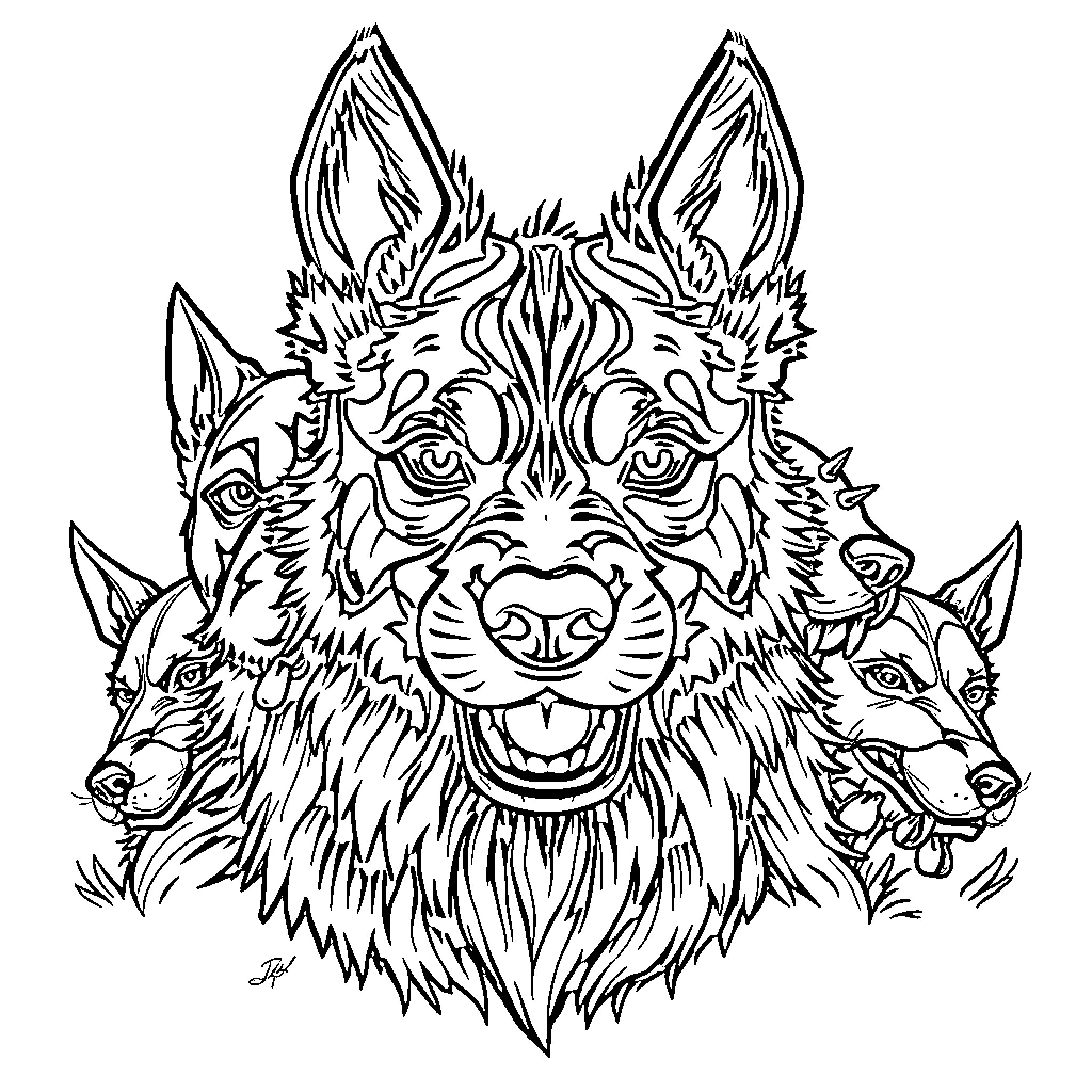 Mongrel pack of ferocious canines Coloring Page (free black-and-white line drawing printable PDF for all, from beginners to advanced learners, including children, teens, adults, and seniors)