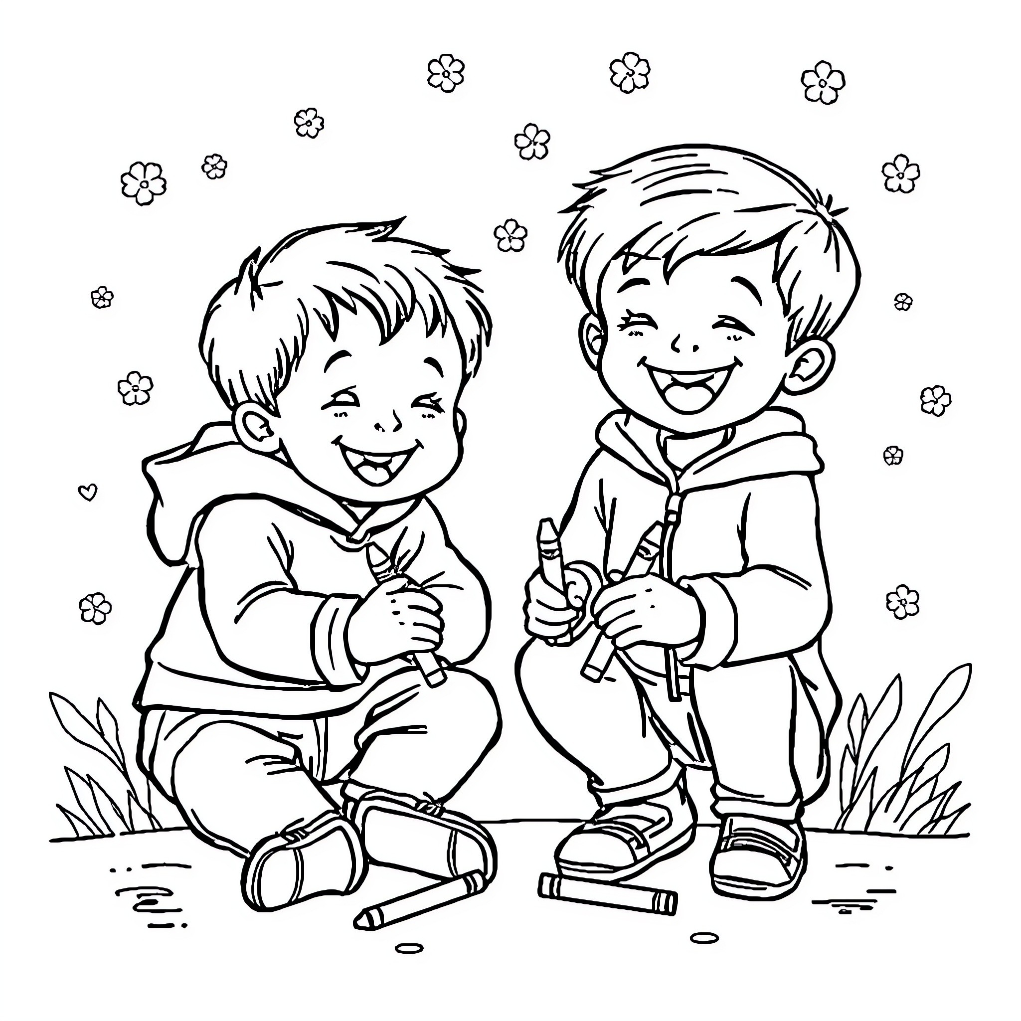Two young boys playing happily together Coloring Page (free black-and-white line drawing printable PDF for all, from beginners to advanced learners, including children, teens, adults, and seniors)