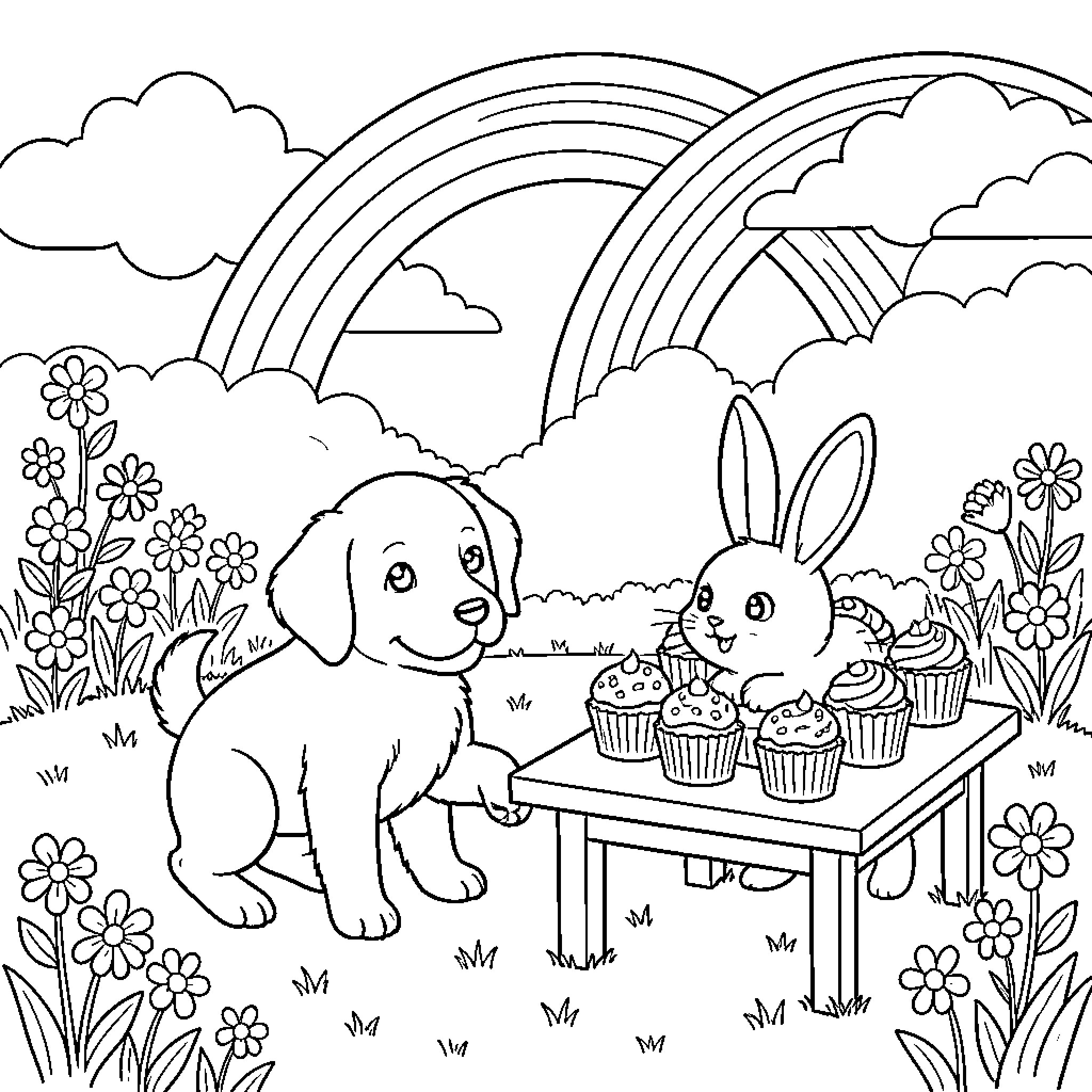 Puppy sharing cupcakes with a bunny under rainbows Coloring Page (free black-and-white line drawing printable PDF for all, from beginners to advanced learners, including children, teens, adults, and seniors)