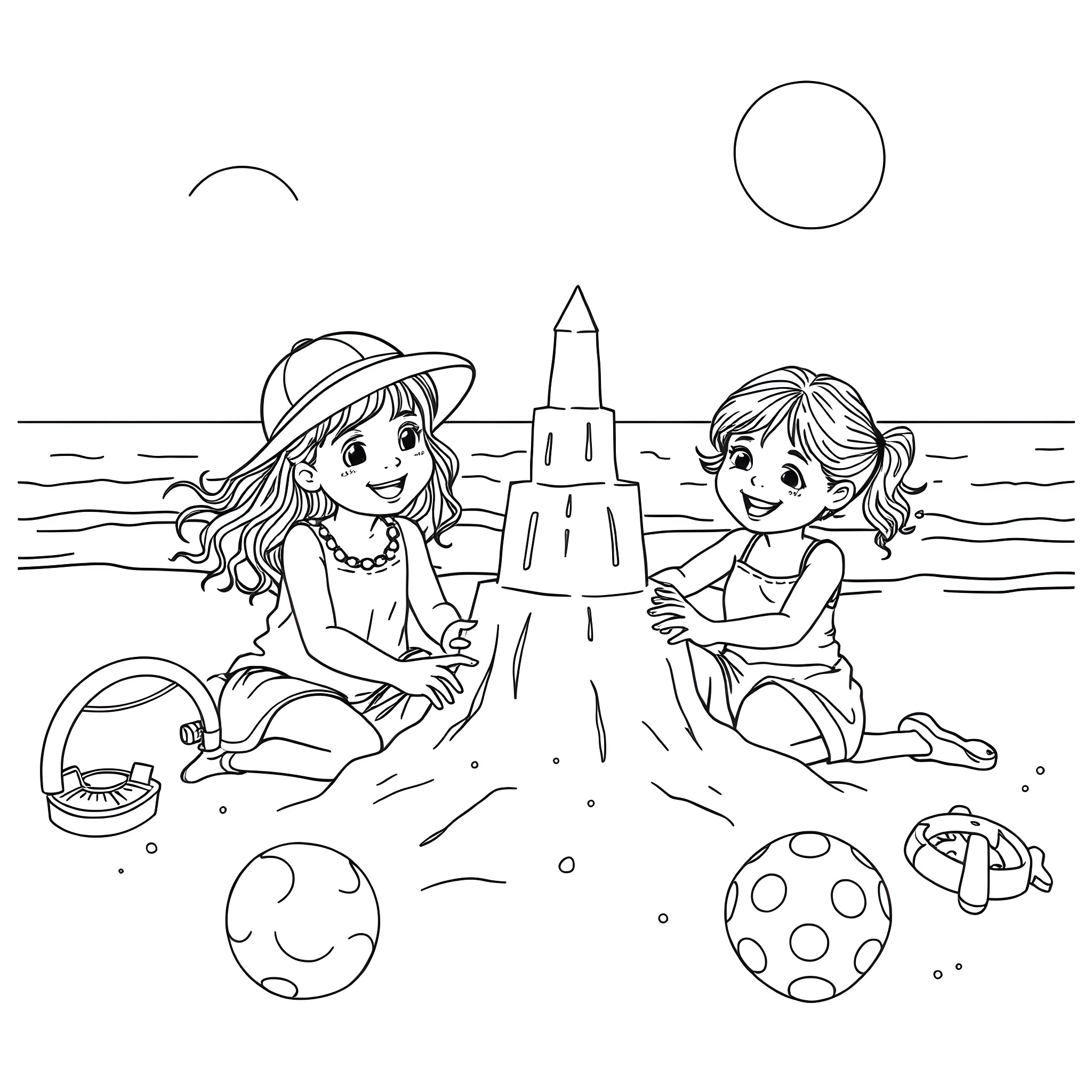 Sister building sandcastle with sibling on the beach Coloring Page (free black-and-white line drawing printable PDF for all, from beginners to advanced learners, including children, teens, adults, and seniors)