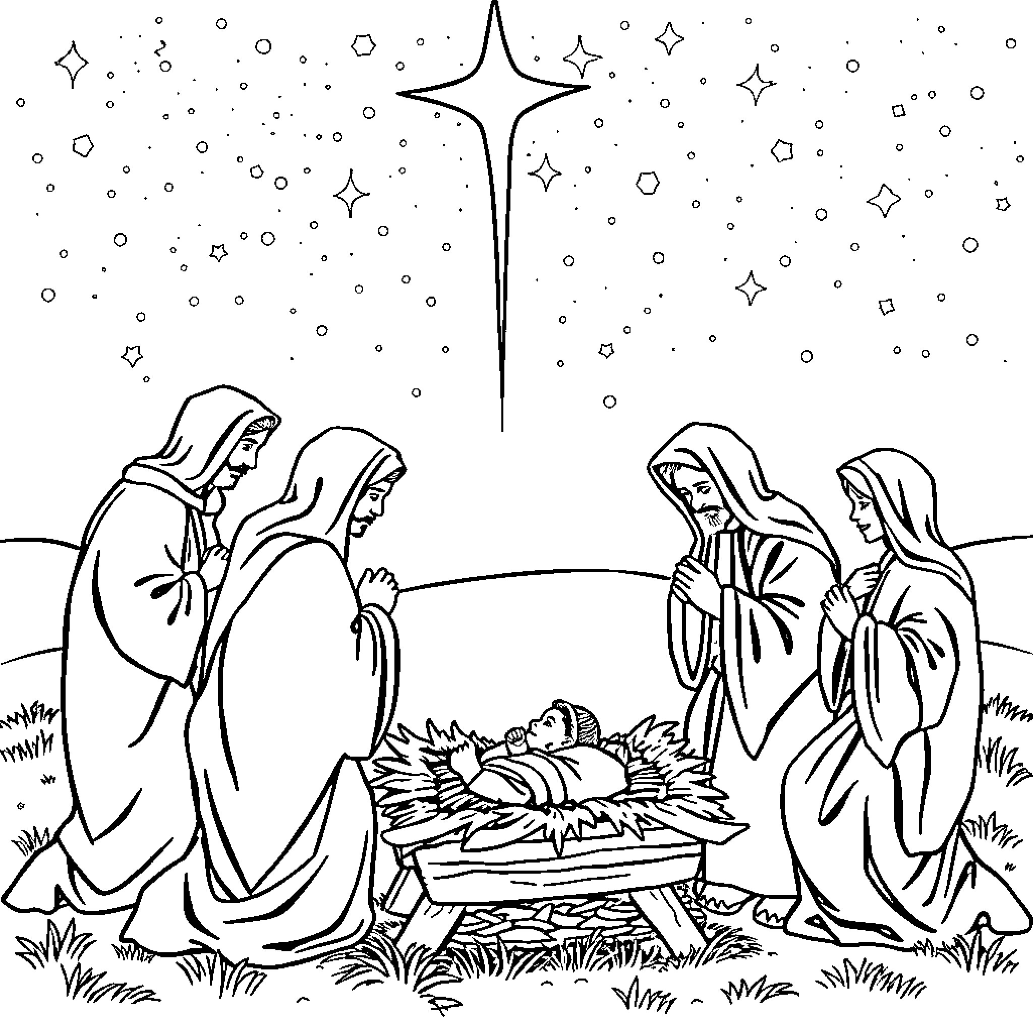 Jesus' birth in the nativity scene Coloring Page (free black-and-white line drawing printable PDF for all, from beginners to advanced learners, including children, teens, adults, and seniors)