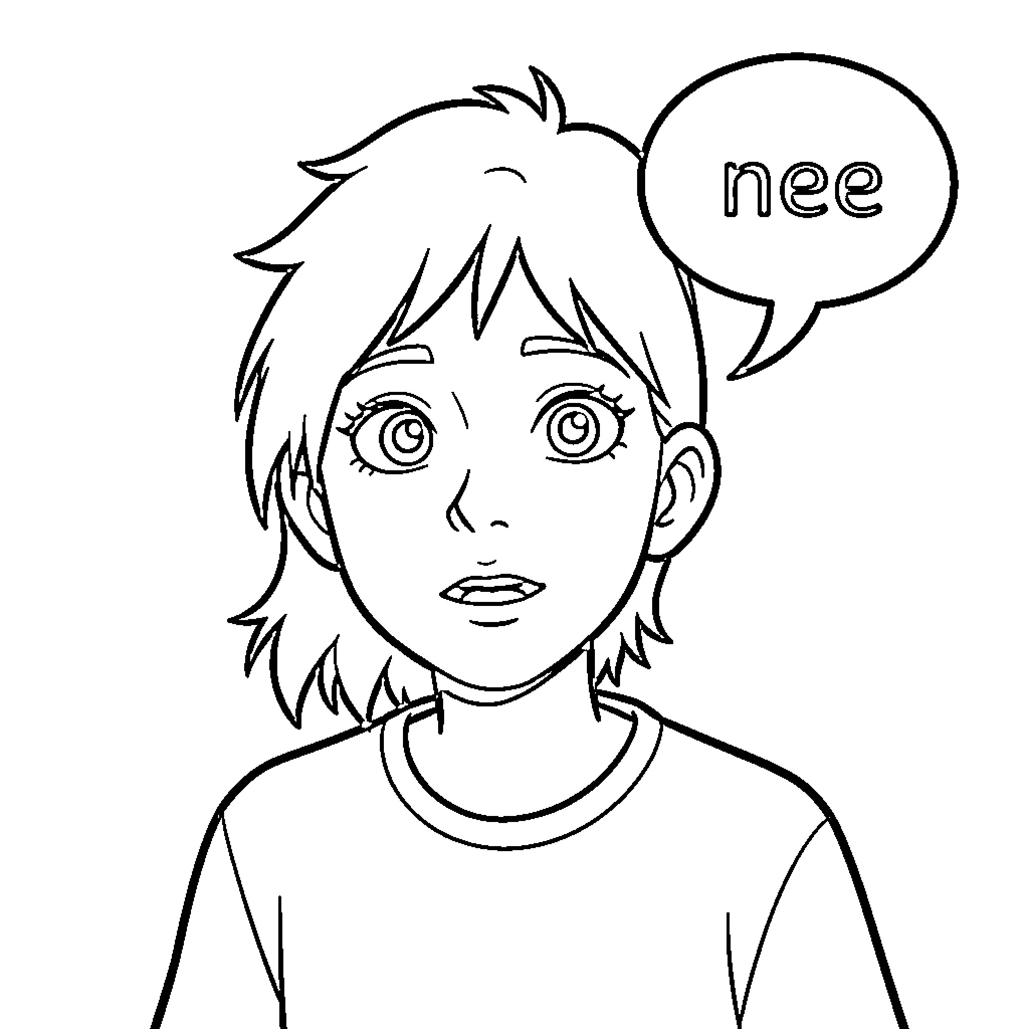 Nee spoken by a surprised young person Coloring Page (free black-and-white line drawing printable PDF for all, from beginners to advanced learners, including children, teens, adults, and seniors)