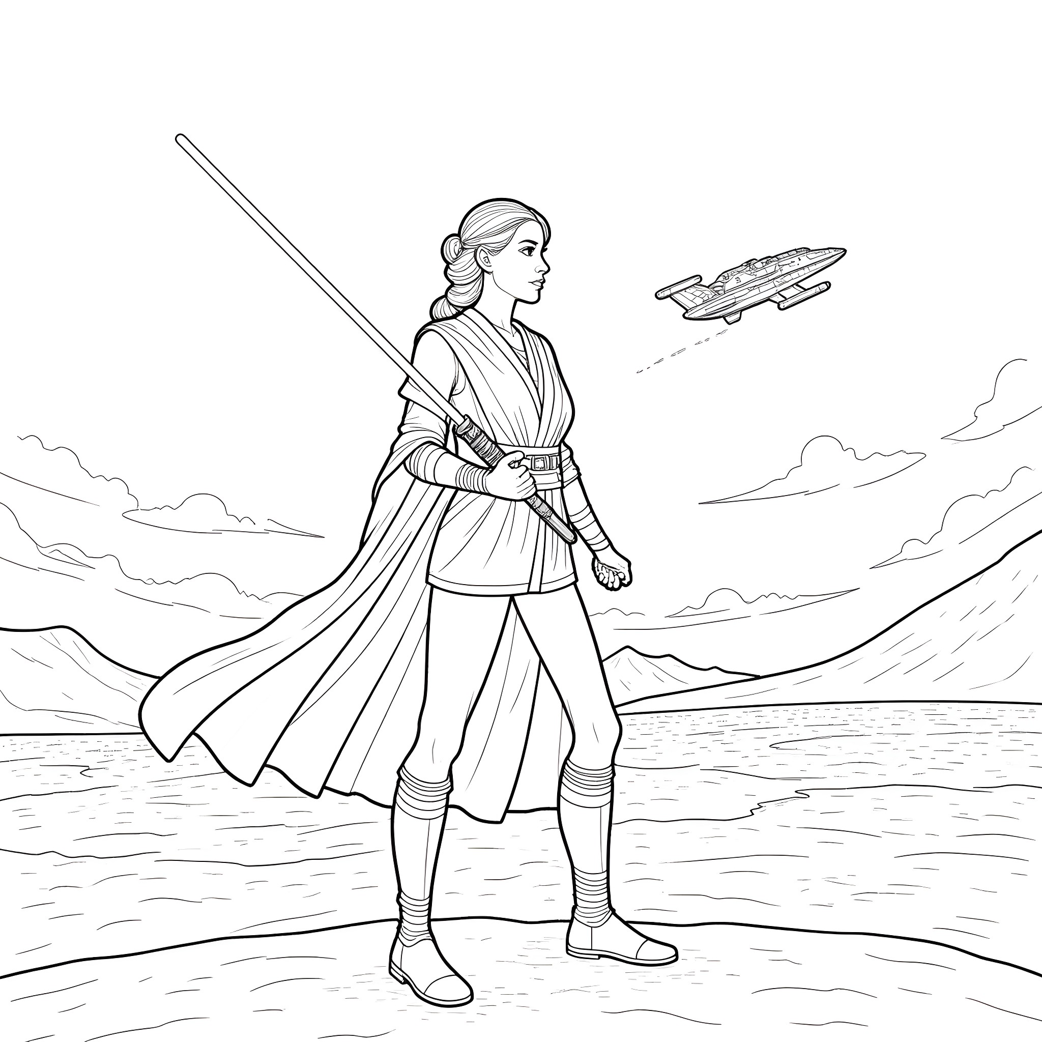 Jedi Warrior Stands Resolute in the Face of Adventure Coloring Page (free black-and-white line drawing printable PDF for all, from beginners to advanced learners, including children, teens, adults, and seniors)