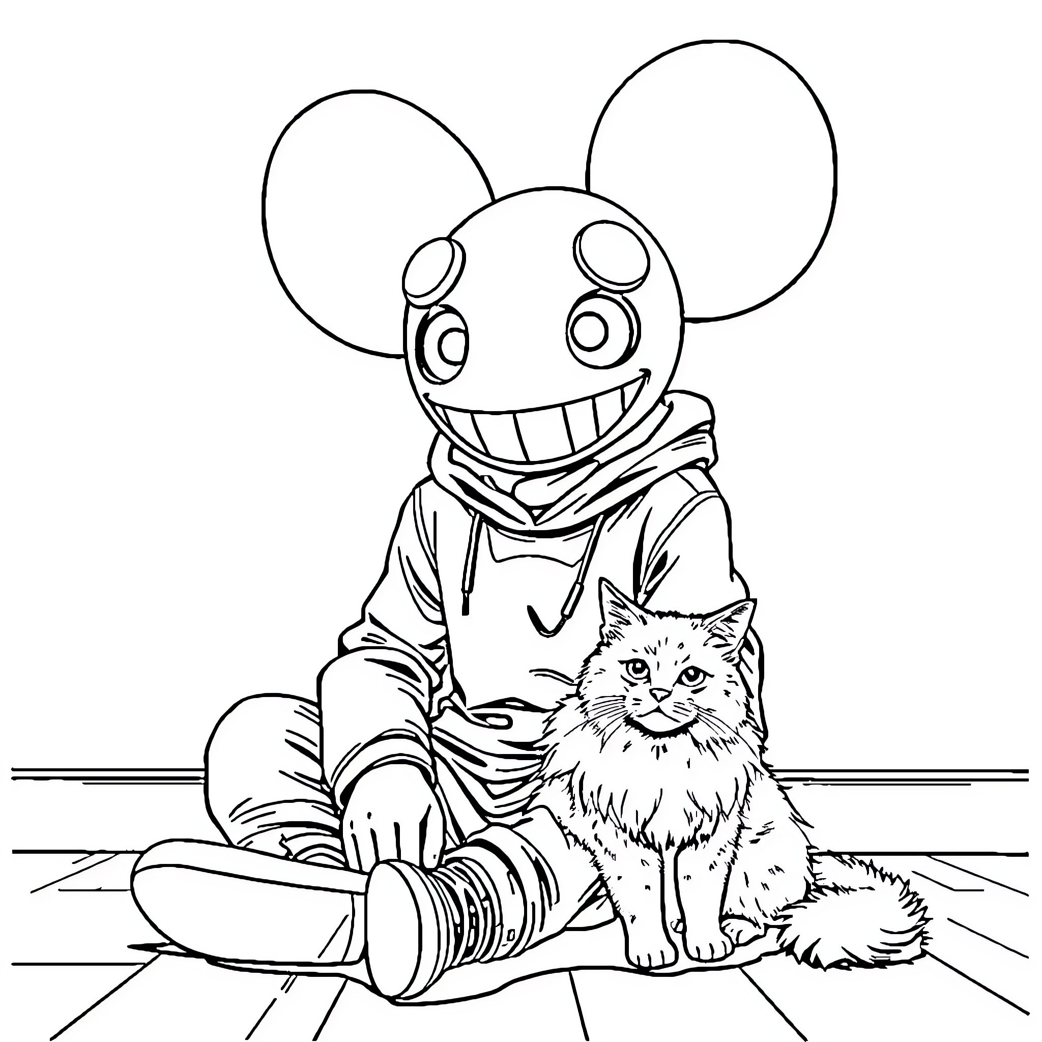 Deadmau5 sitting with a cat on the floor Coloring Page (free black-and-white line drawing printable PDF for all, from beginners to advanced learners, including children, teens, adults, and seniors)