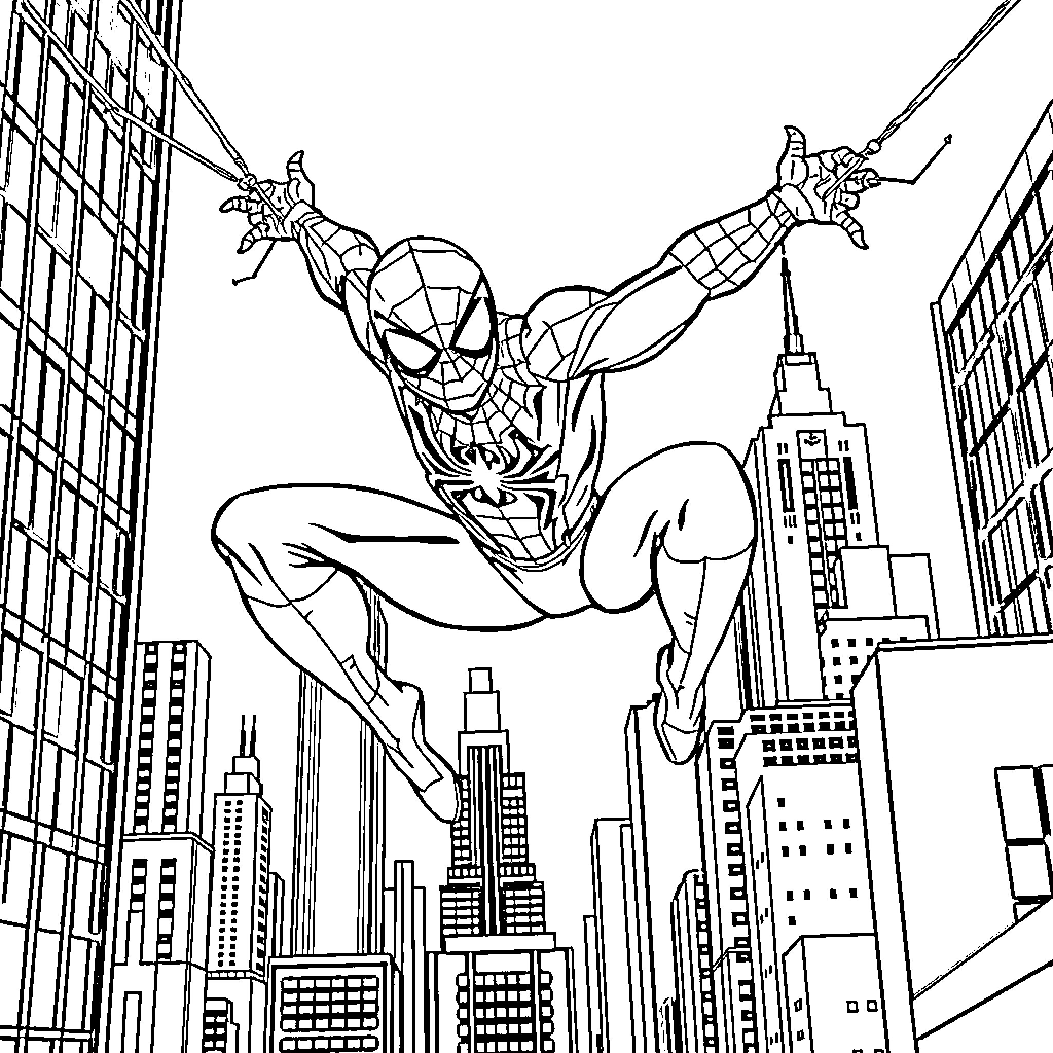 Spider-Man swinging through the city skyline Coloring Page (free black-and-white line drawing printable PDF for all, from beginners to advanced learners, including children, teens, adults, and seniors)