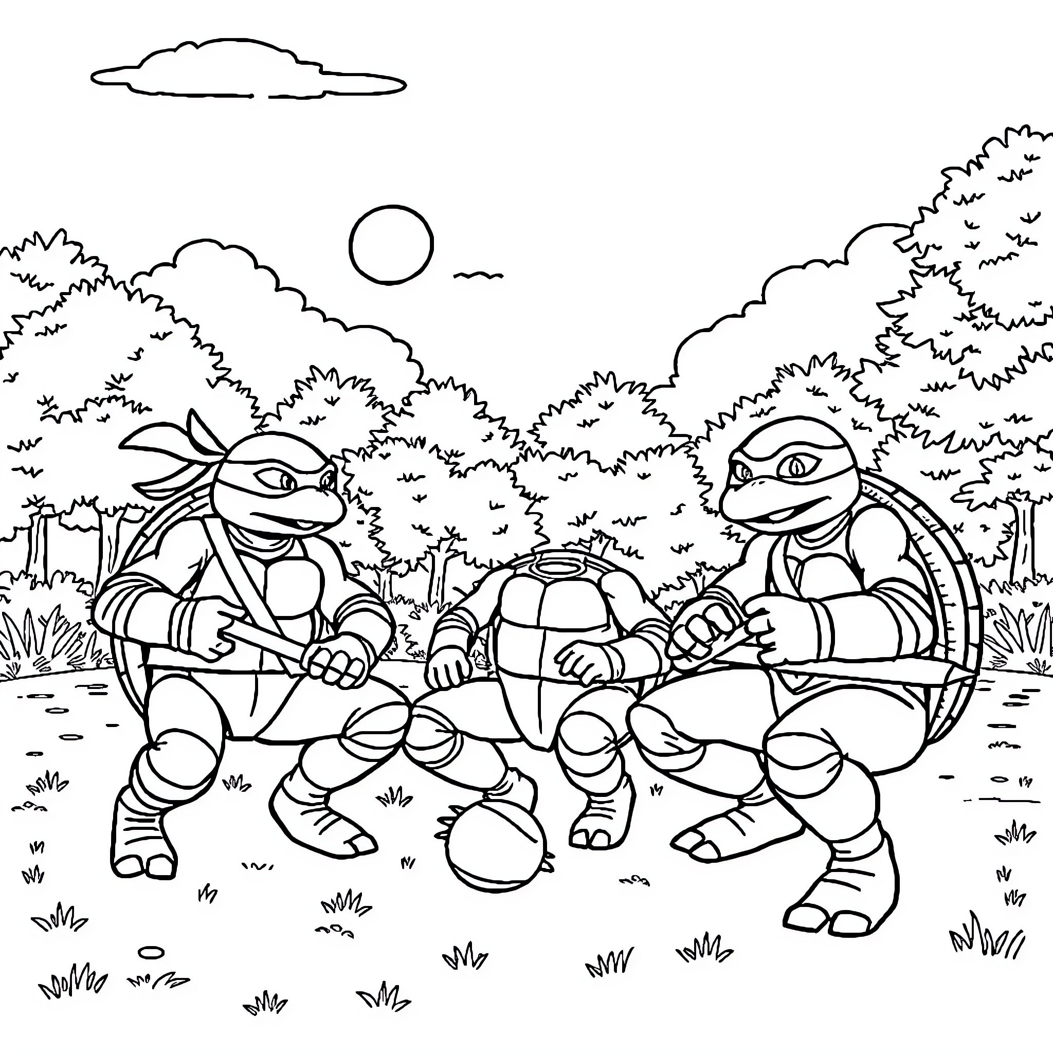 Ninja Turtles playing and relaxing in nature Coloring Page (free black-and-white line drawing printable PDF for all, from beginners to advanced learners, including children, teens, adults, and seniors)