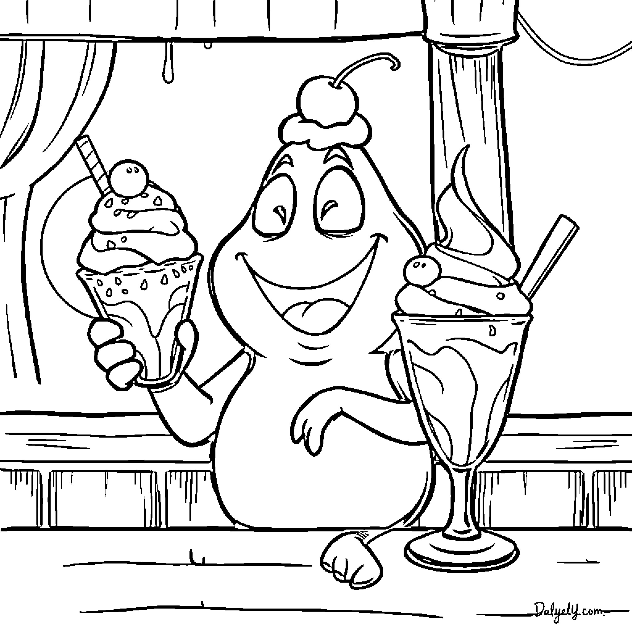 Oogie Boogie enjoying tasty treats at the counter Coloring Page (free black-and-white line drawing printable PDF for all, from beginners to advanced learners, including children, teens, adults, and seniors)
