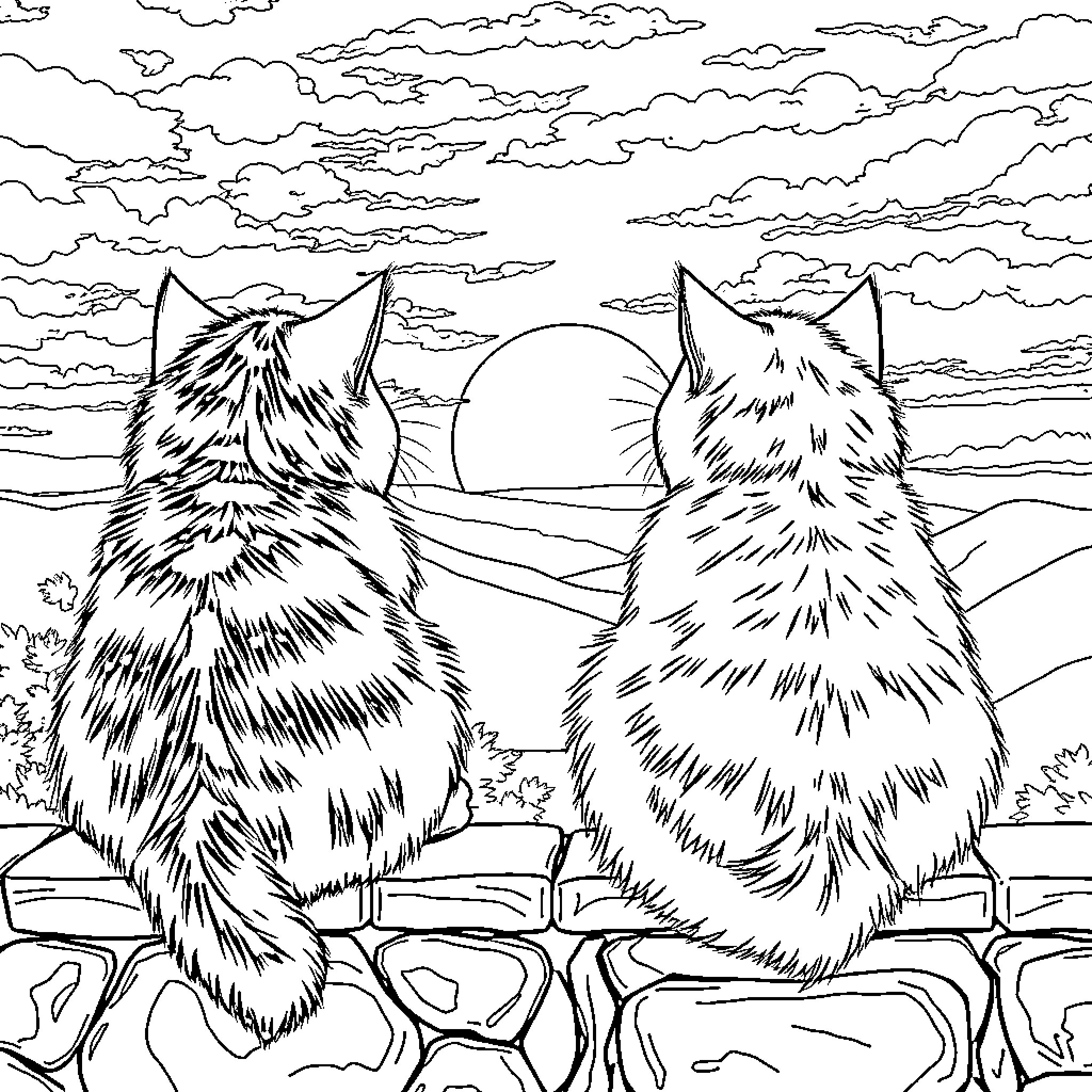 Cat companions watching the sunset landscape Coloring Page (free black-and-white line drawing printable PDF for all, from beginners to advanced learners, including children, teens, adults, and seniors)