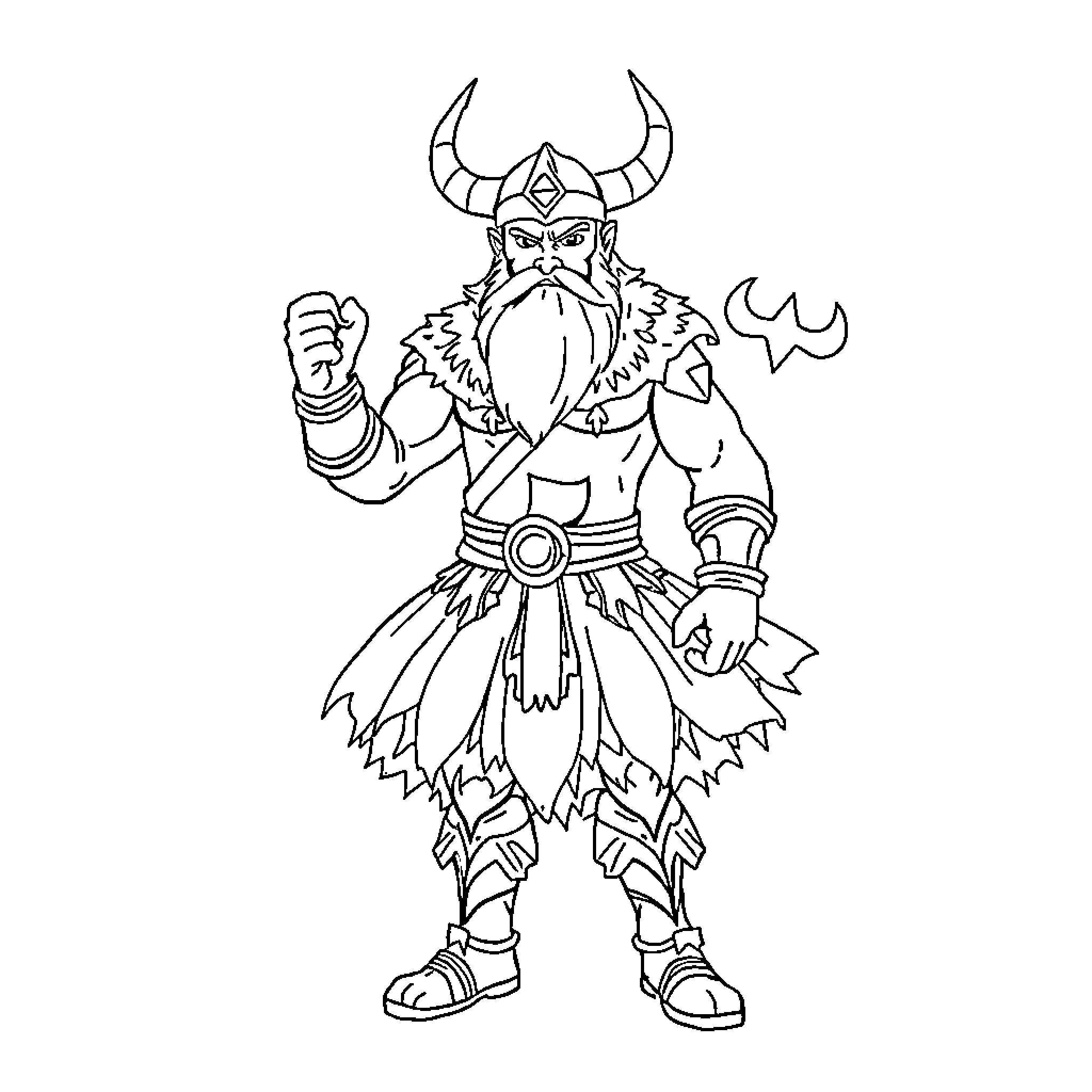 Viking warrior wielding battle axe in fierce pose Coloring Page (free black-and-white line drawing printable PDF for all, from beginners to advanced learners, including children, teens, adults, and seniors)