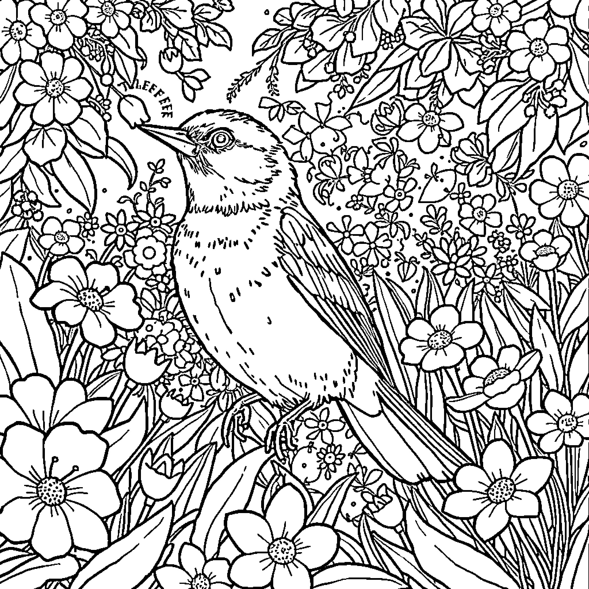 Squirrel amongst vibrant floral arrangements Coloring Page (free black-and-white line drawing printable PDF for all, from beginners to advanced learners, including children, teens, adults, and seniors)
