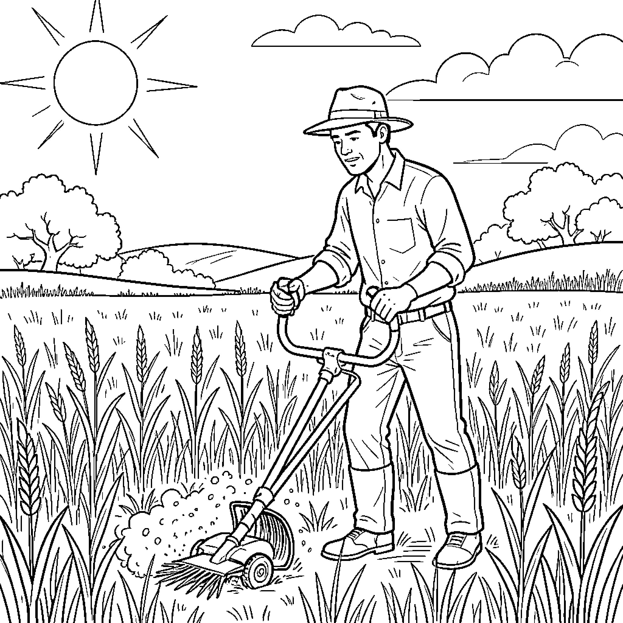 Juxtaposed Farmer Tending to Field Coloring Page (free black-and-white line drawing printable PDF for all, from beginners to advanced learners, including children, teens, adults, and seniors)