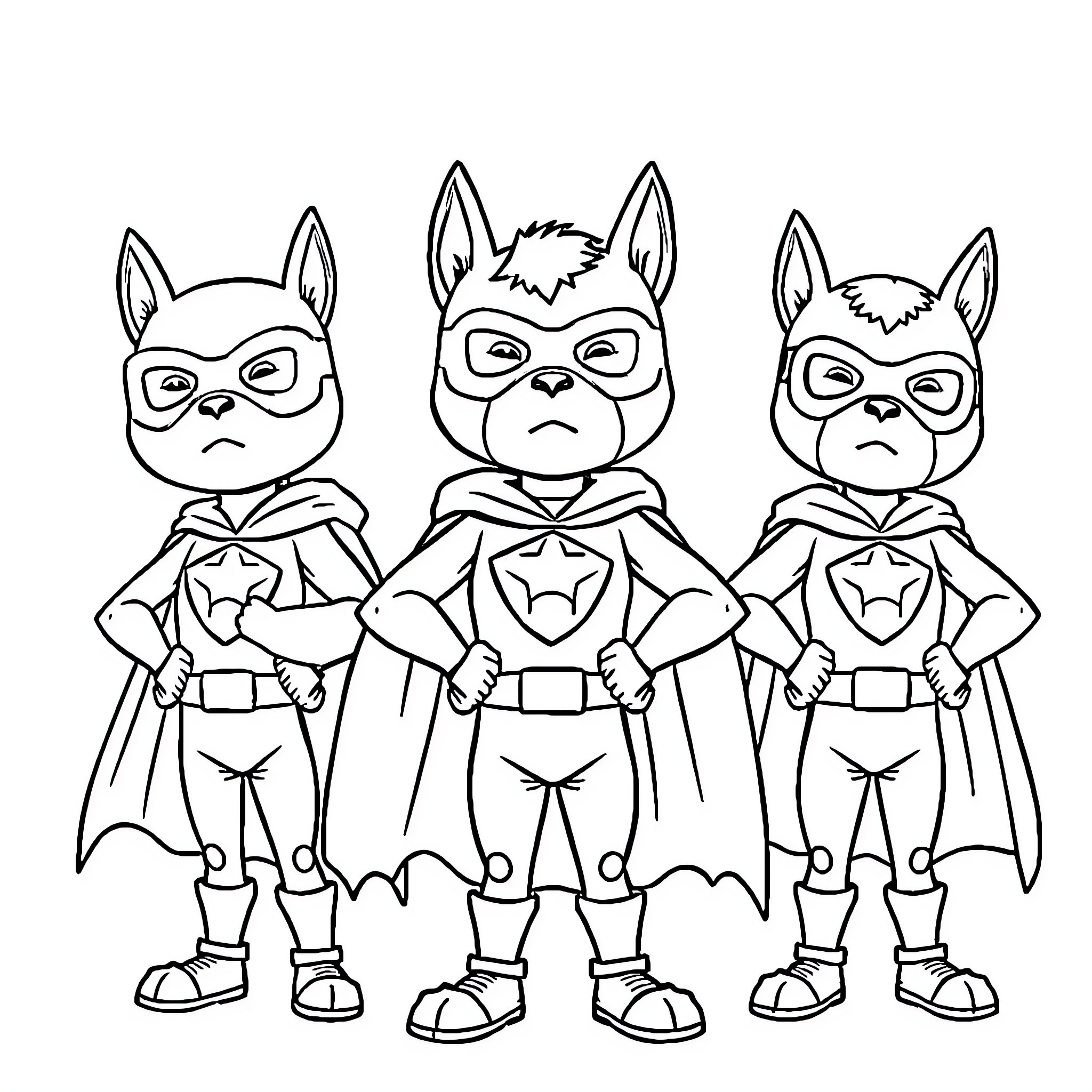 Staffy superheroes in action poses Coloring Page (free black-and-white line drawing printable PDF for all, from beginners to advanced learners, including children, teens, adults, and seniors)