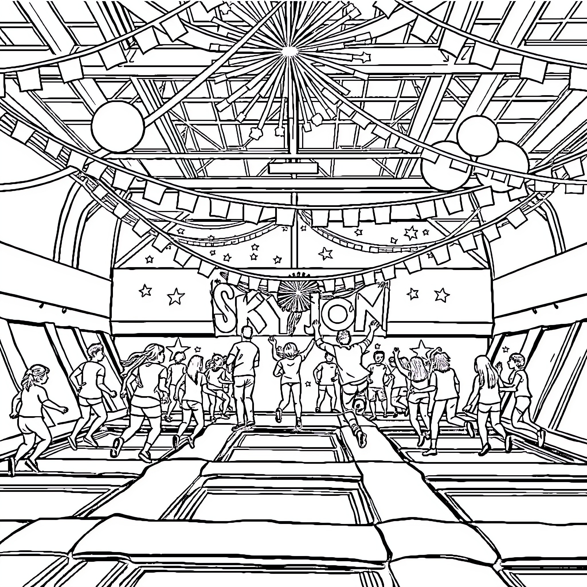4th Of July Celebration with Crowds, Decorations, and Fireworks Coloring Page (free black-and-white line drawing printable PDF for all, from beginners to advanced learners, including children, teens, adults, and seniors)