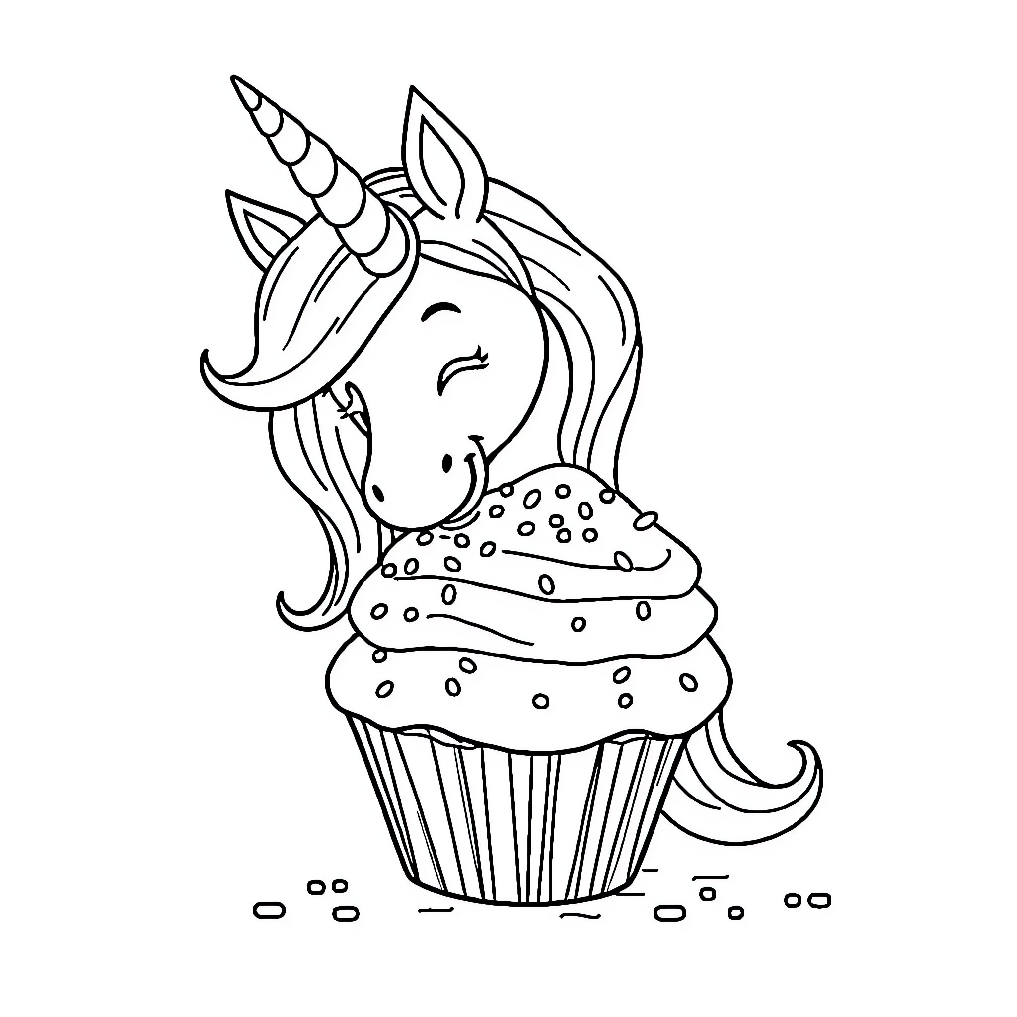 Unicorn cupcake with whimsical details Coloring Page (free black-and-white line drawing printable PDF for all, from beginners to advanced learners, including children, teens, adults, and seniors)