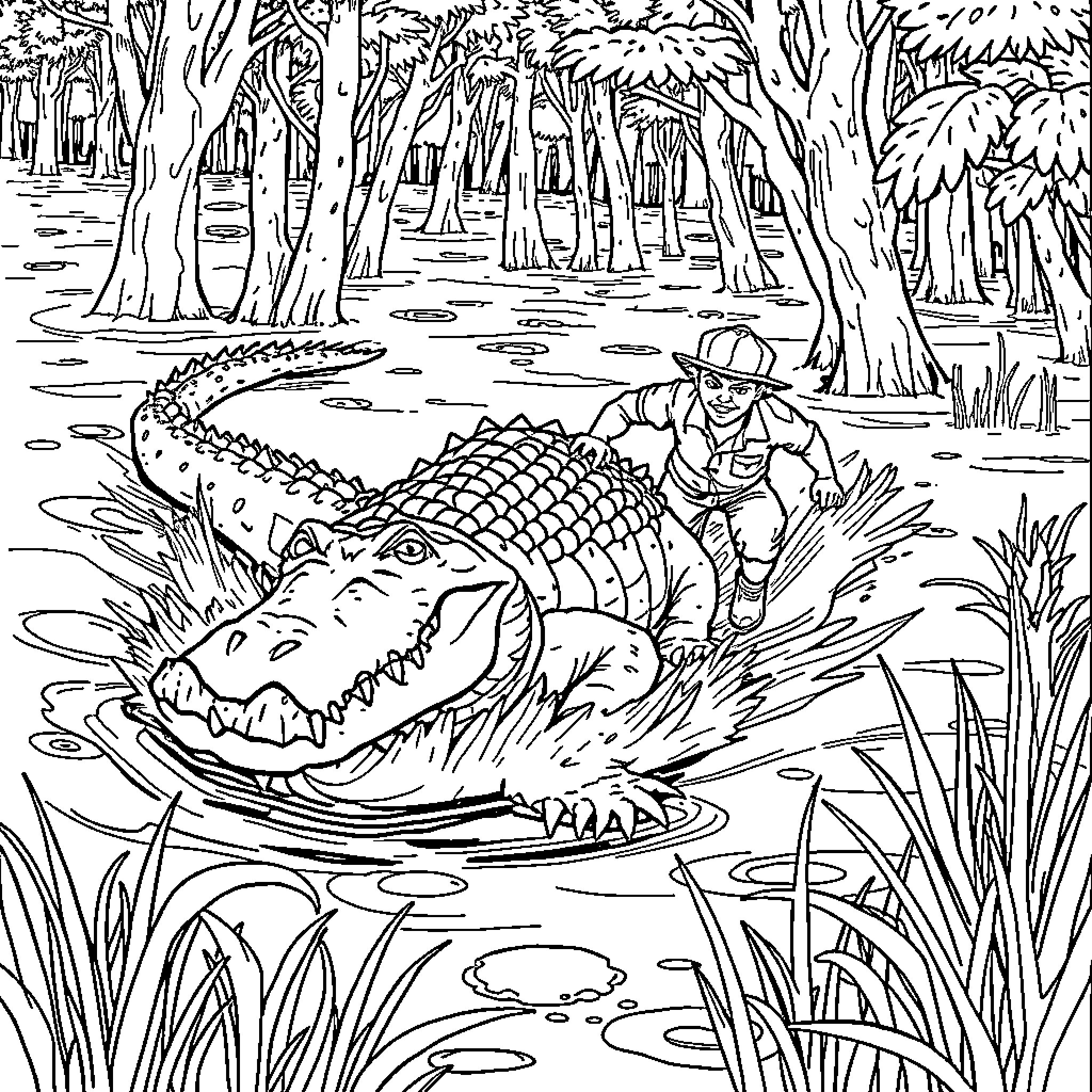 Alligator encounter in the swamp Coloring Page (free black-and-white line drawing printable PDF for all, from beginners to advanced learners, including children, teens, adults, and seniors)