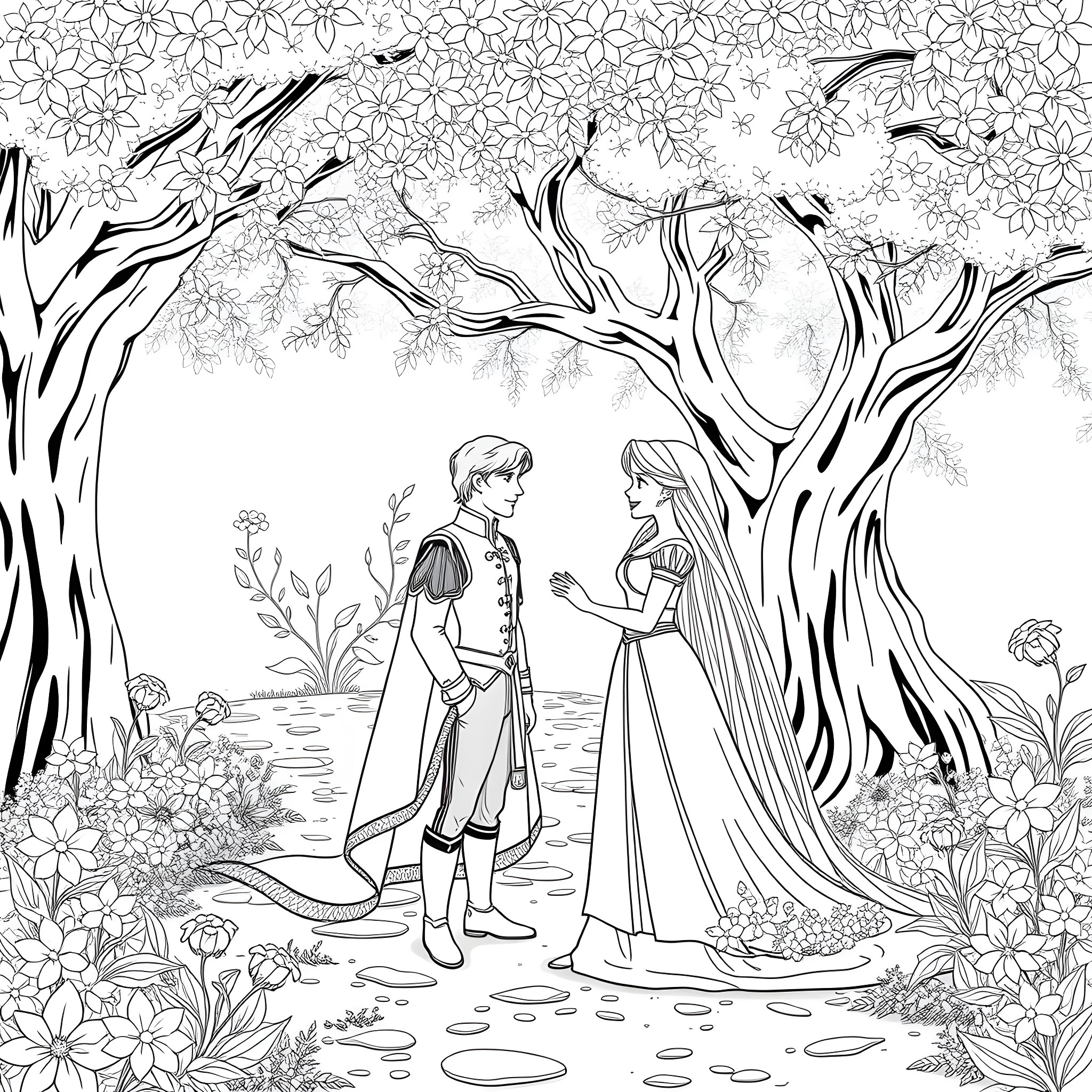 Rapunzel and Prince Charming in a Magical Forest Coloring Page (free black-and-white line drawing printable PDF for all, from beginners to advanced learners, including children, teens, adults, and seniors)